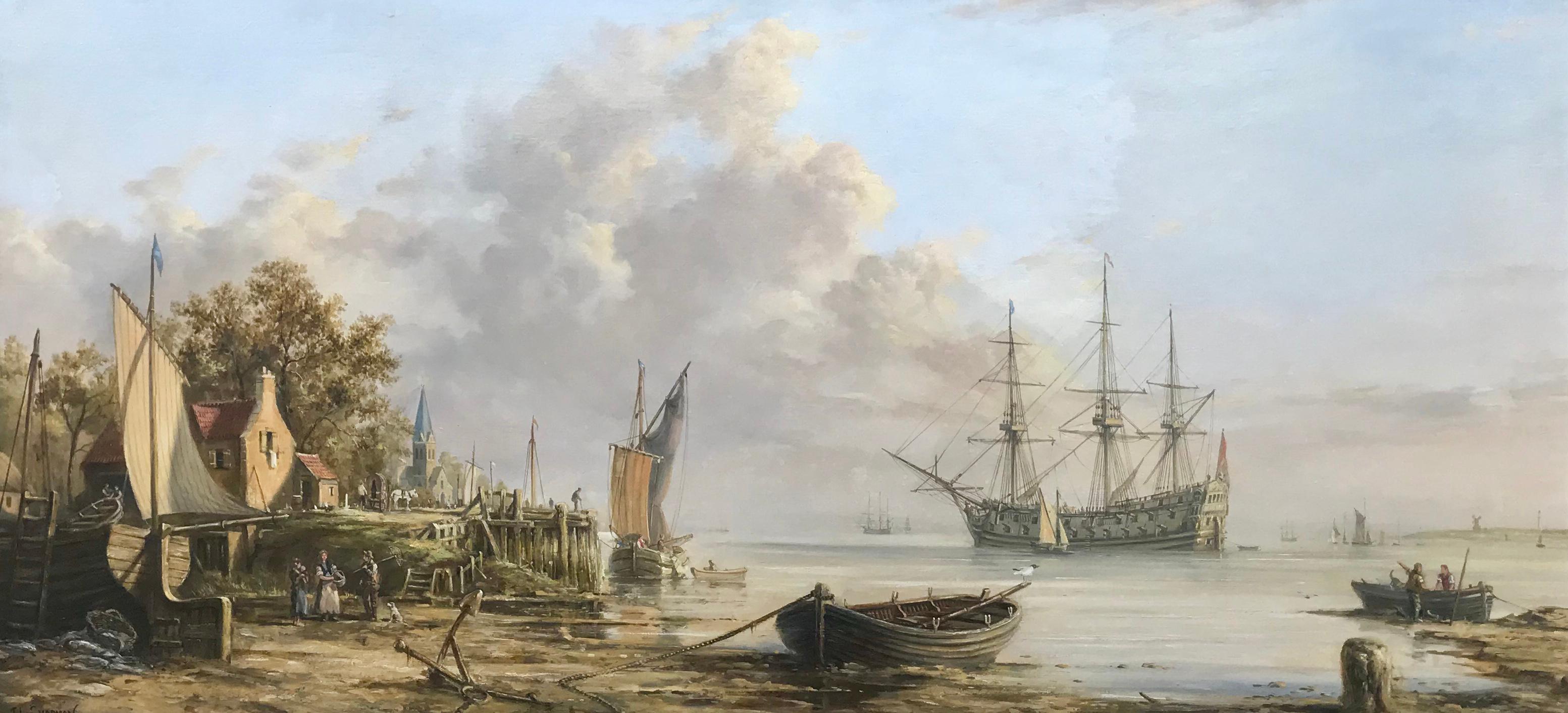 Dutch Coastal Scene by British Maritime Realist Painting of a 19th Century Scene - Gray Figurative Painting by John Linton Chapman