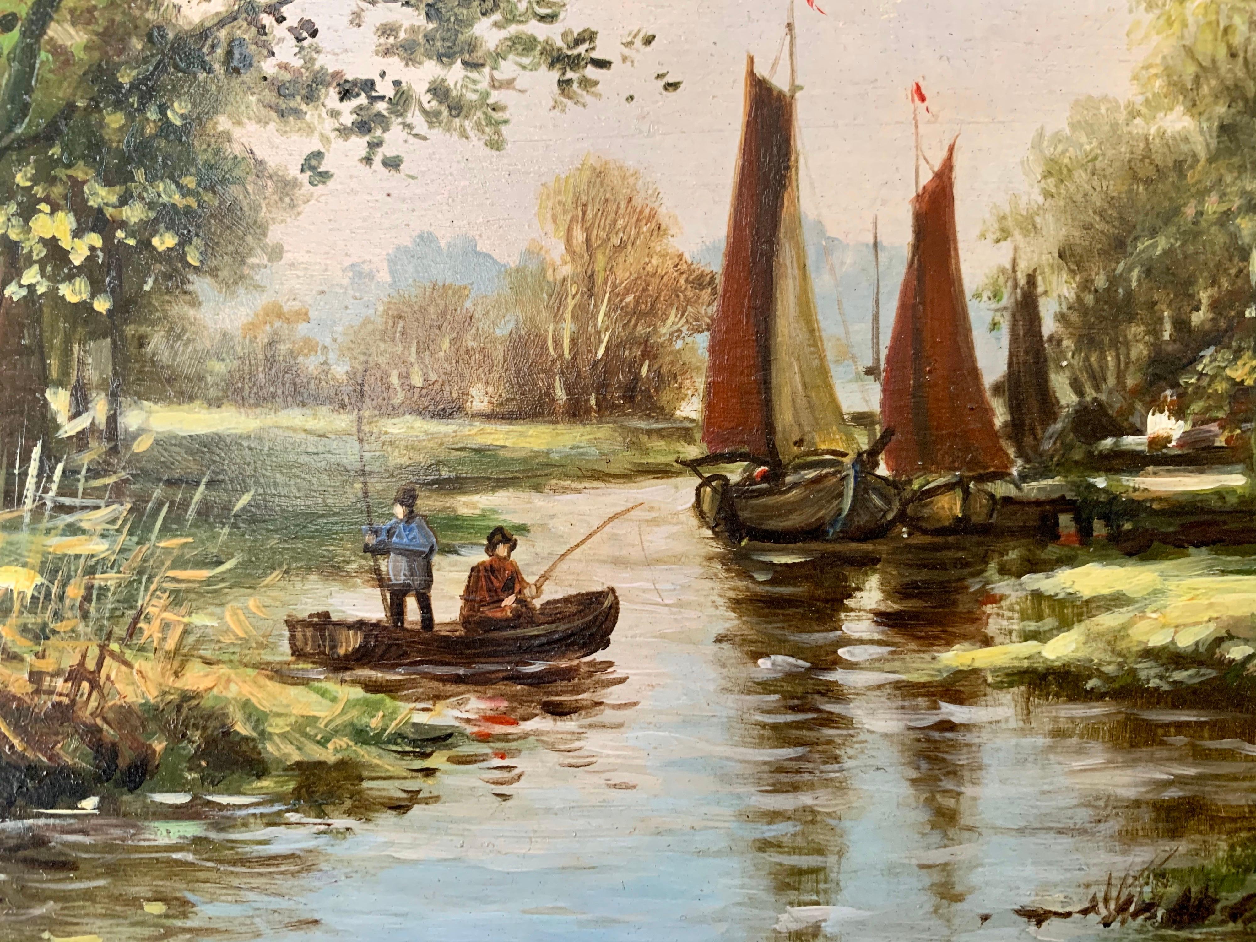 Classical Traditional 20th Century River Landscape Oil Painting by Dutch Painter 1