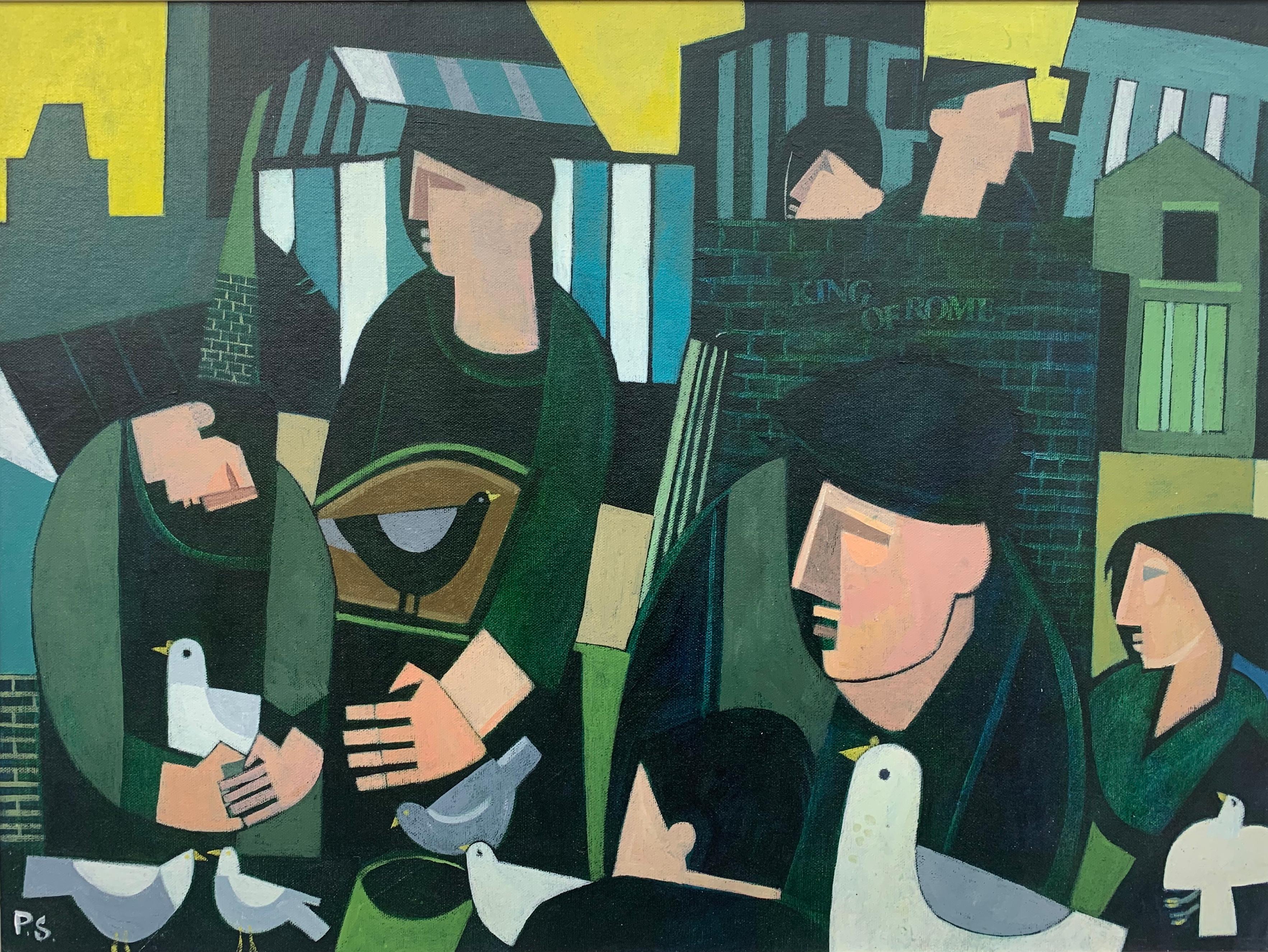 Pigeons Male Figures Portraits King of Rome by Northern School British Artist - Beige Figurative Painting by Peter Stanaway