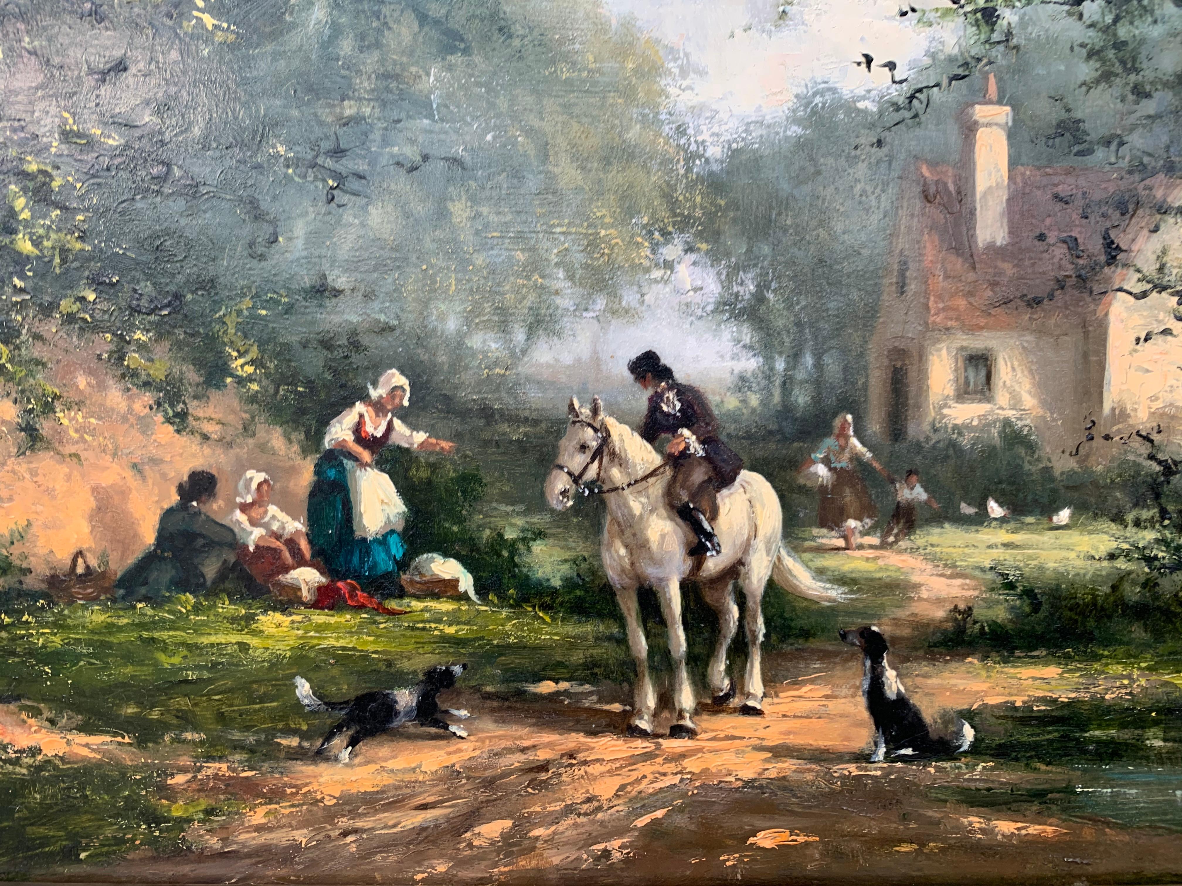 British Oil Painting Figures in Landscape with Man on Horse Two Dogs & a Cottage 1
