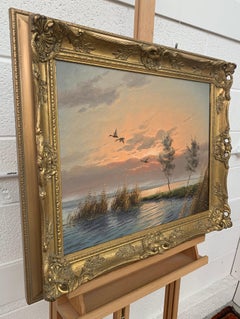 Mallard Ducks in Flight River Landscape Sunset by Dutch Painter Gien Brouwer