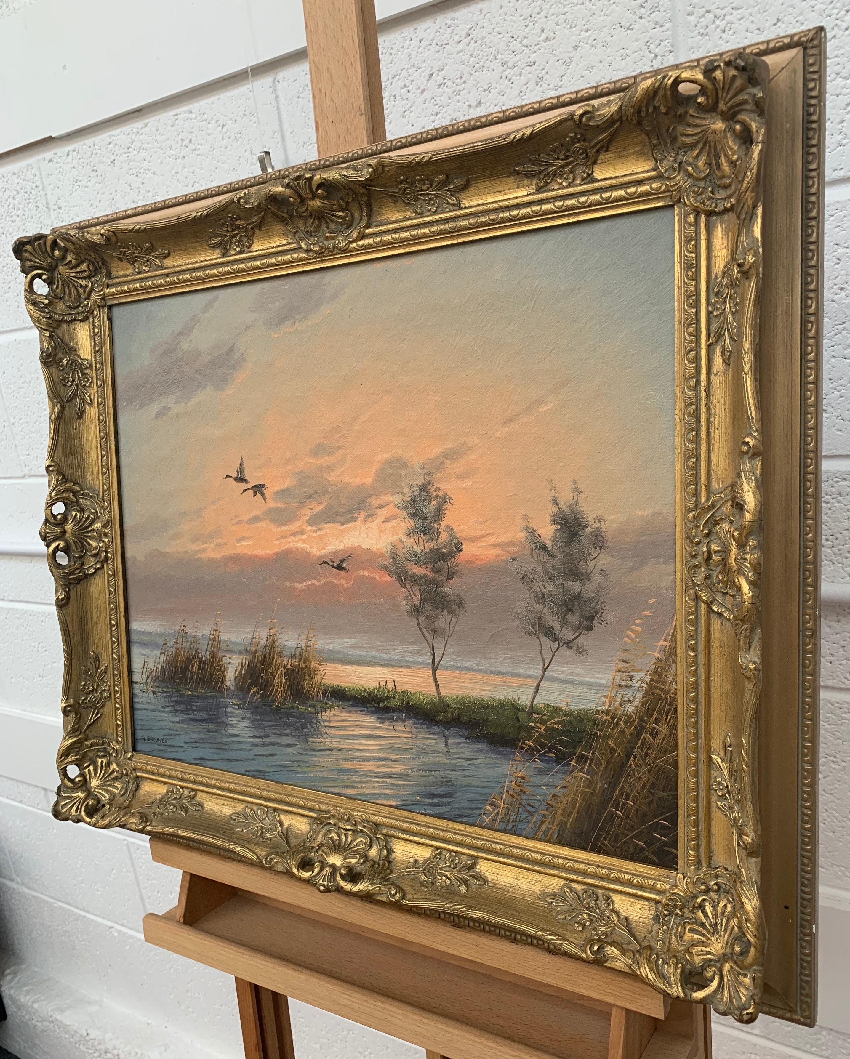 Mallard Ducks in Flight River Landscape Sunset by Dutch Painter Gien Brouwer. Gien Brouwer was born in Waddinxveen, Holland on March 23, 1944. He graduated from the Academy of Art in Rotterdam, after which he studied painting with Hermanus Jozef