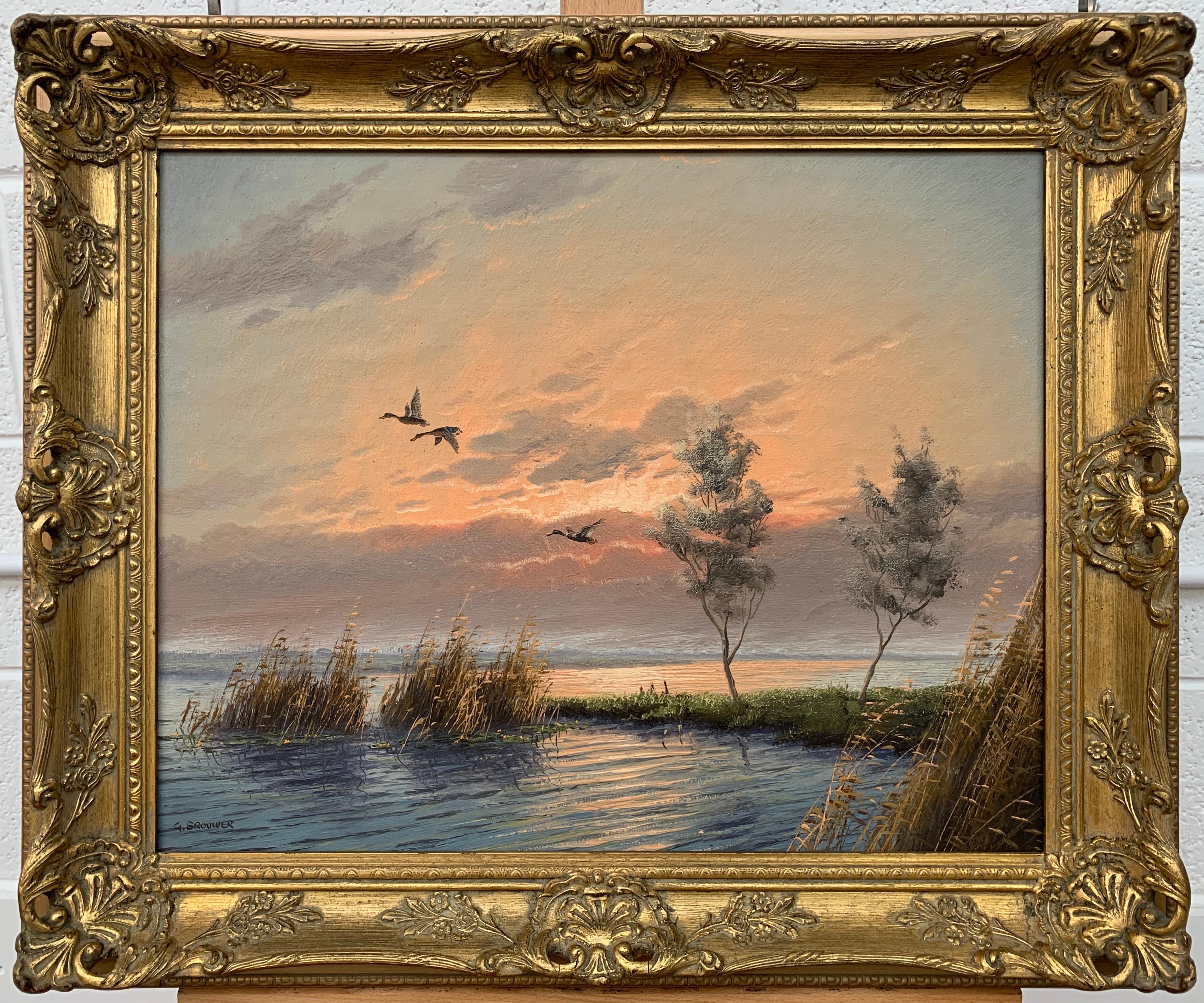 Mallard Ducks in Flight River Landscape Sunset by Dutch Painter Gien Brouwer 5