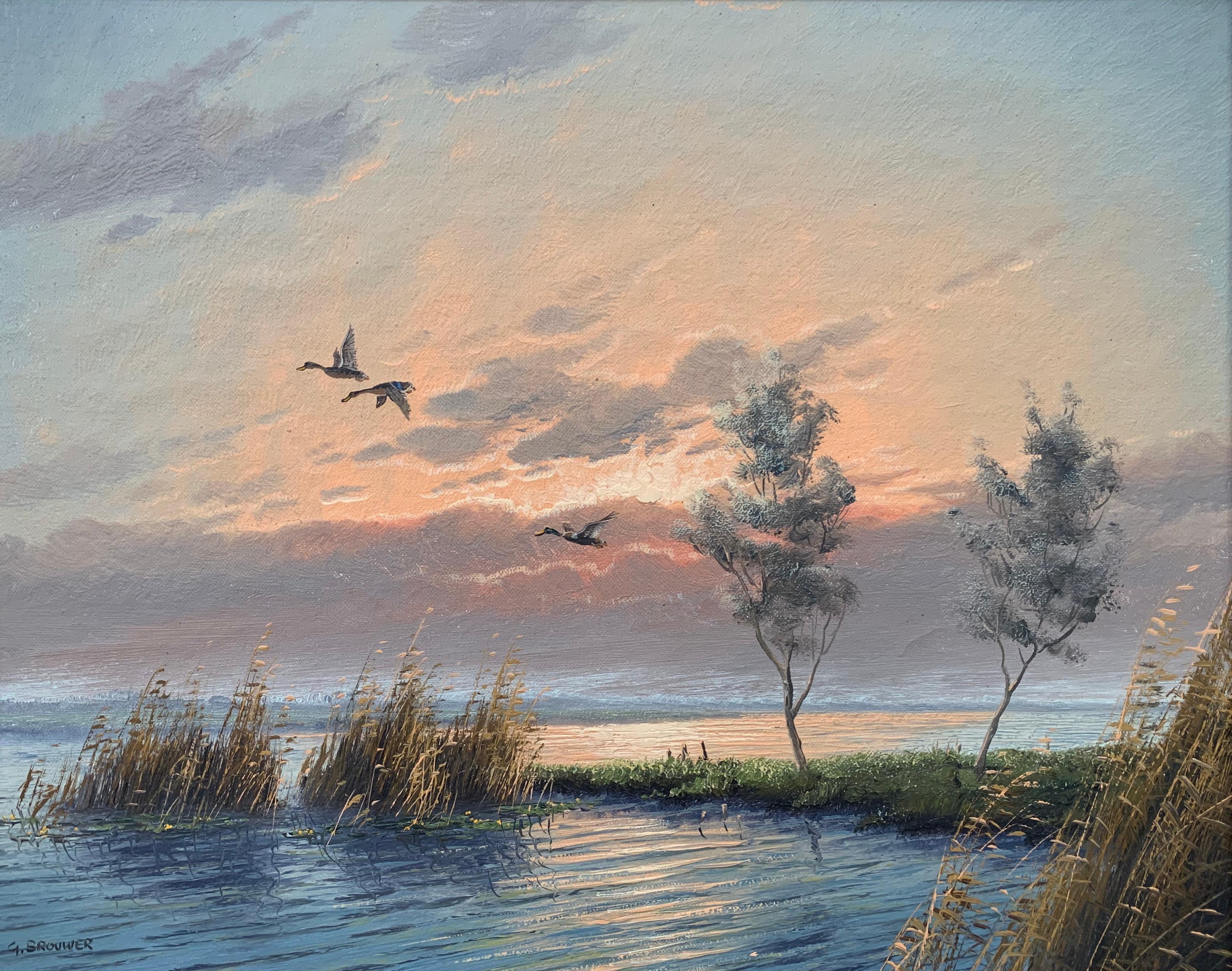 Mallard Ducks in Flight River Landscape Sunset by Dutch Painter Gien Brouwer 1