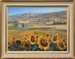 Vintage Sunflowers in Bonnieux Provence France Landscape by 20th Century British Artist