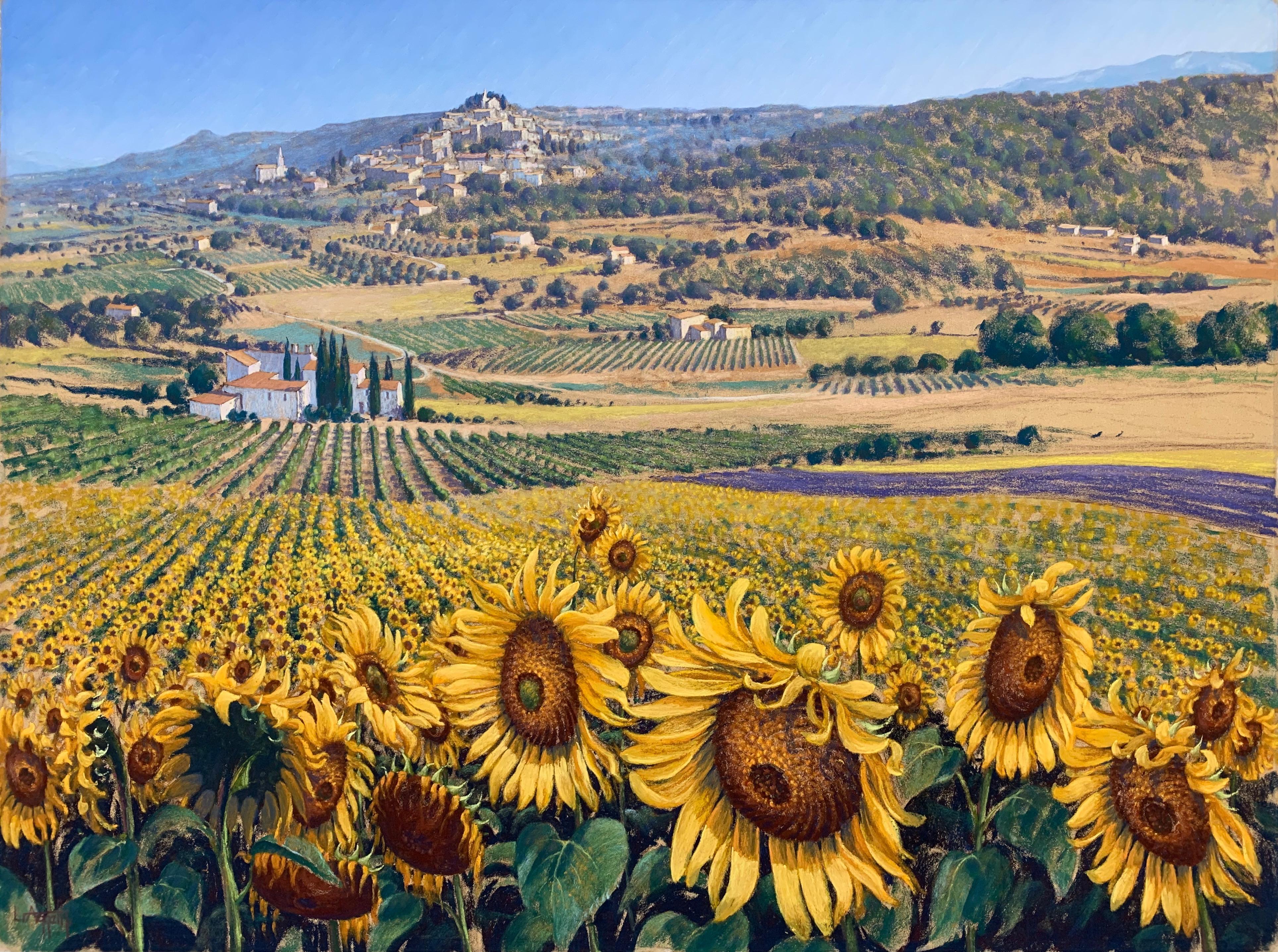 Sunflowers in Bonnieux Provence France Landscape by 20th Century British Artist - Painting by Lionel Aggett