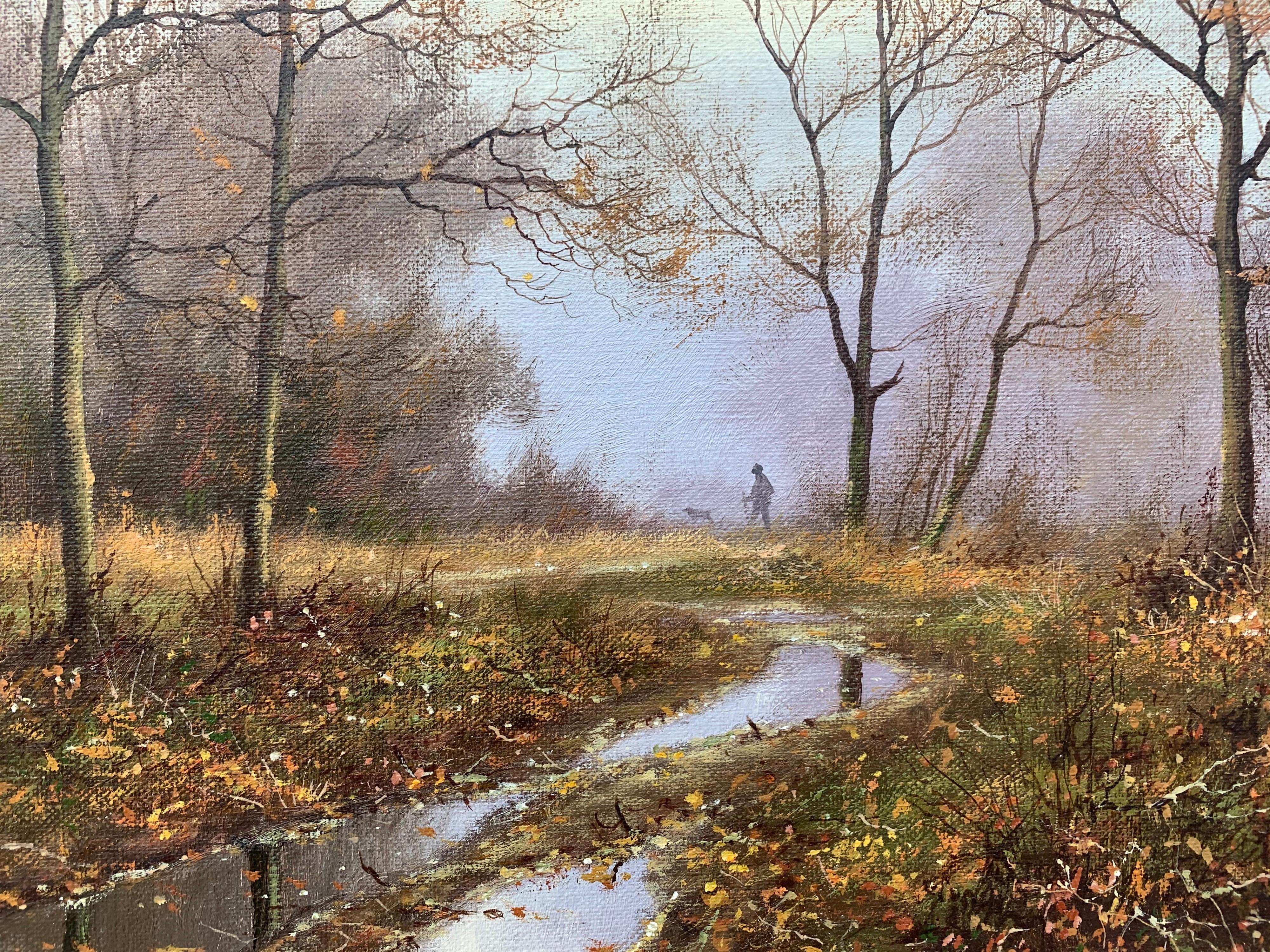 Traditional Oil Painting of Forest & Stream in the English Countryside - Brown Figurative Painting by James Wright