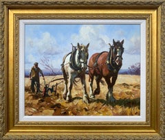 Shire Horses Ploughing Fields with Farmer by Contemporary Irish Artist