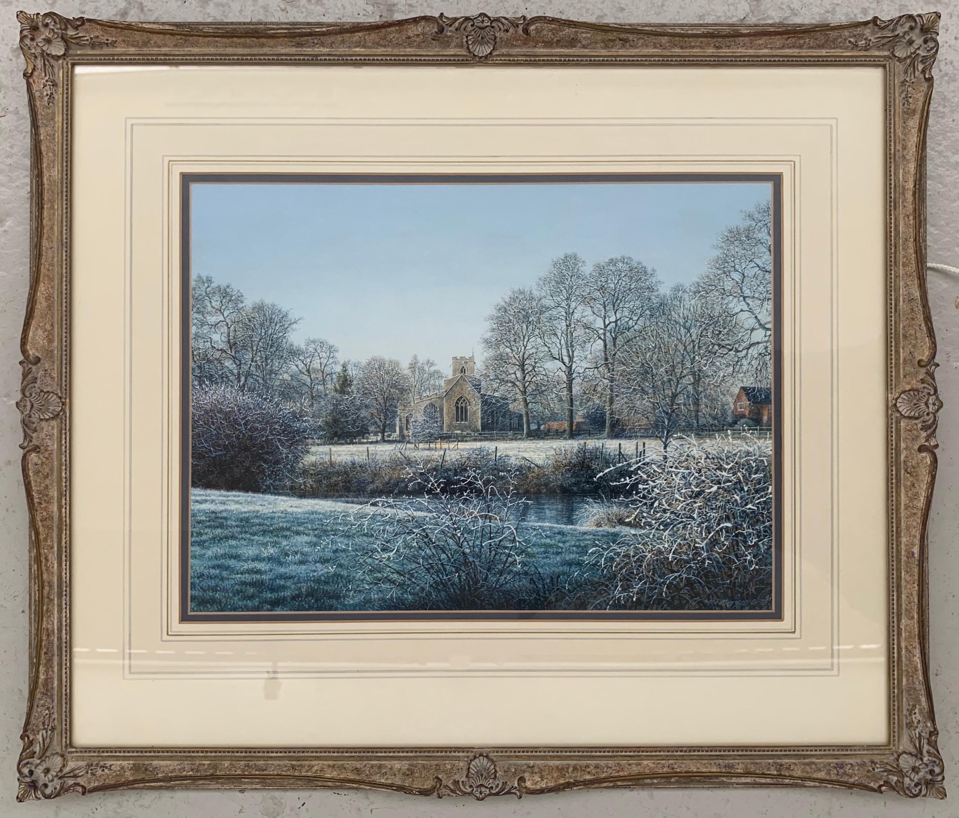 Winter Landscape Watercolour with Trees, River & Church by Modern British Artist 2