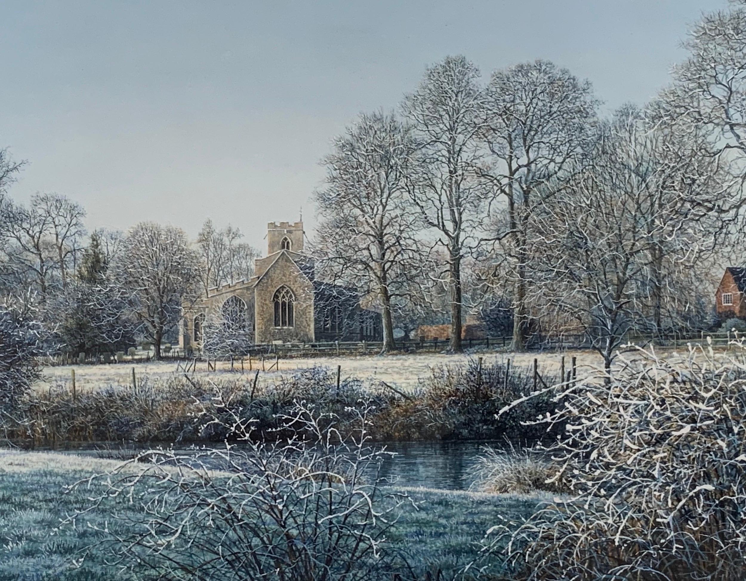 Winter Landscape with Trees, River & Church Watercolour by British Artist. Signed Original Watercolour, housed in a gilt glazed frame. 

Art measures 14 x 10 inches
Frame Measures 20 x 16 inches (approx.) 