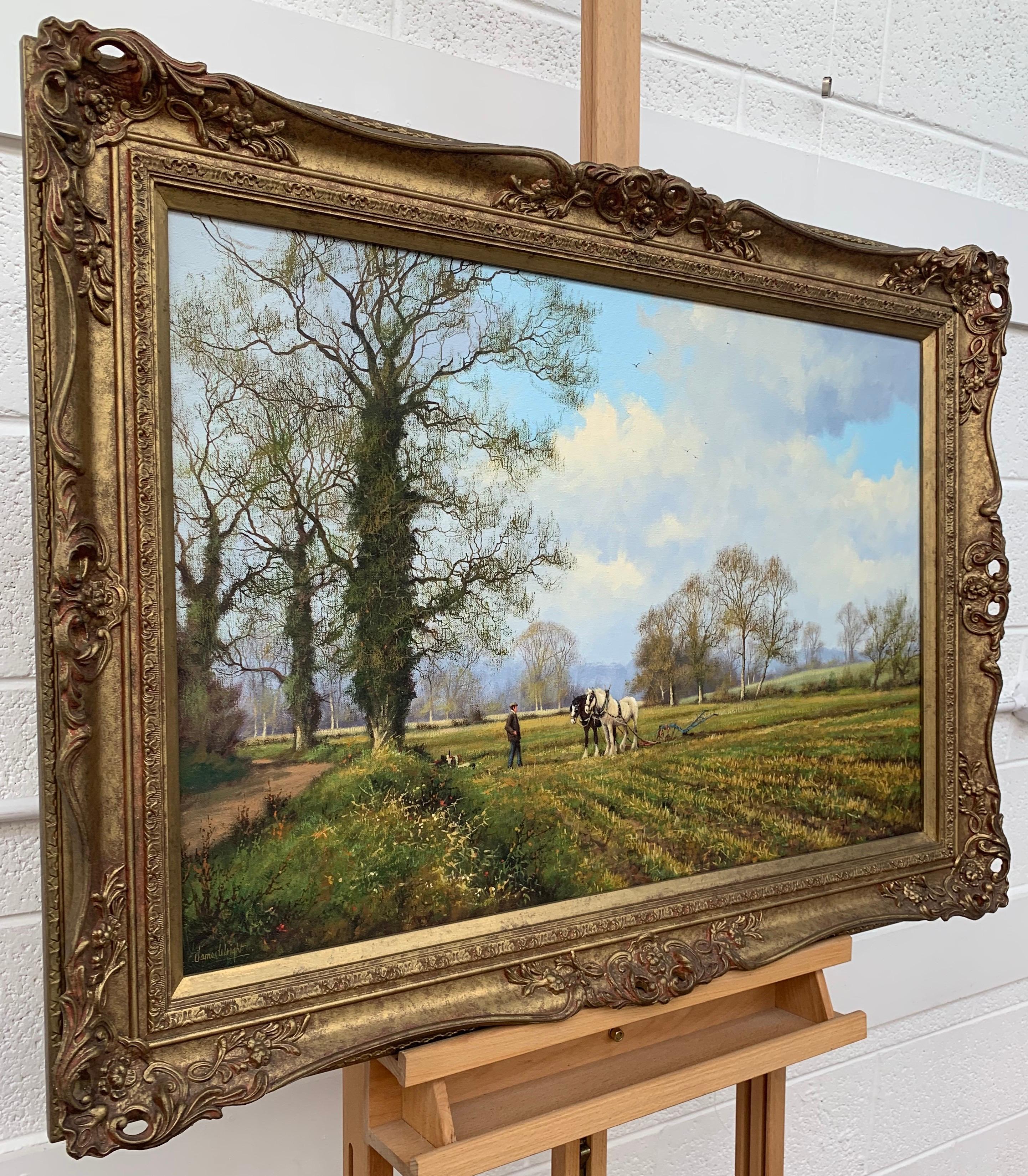 Oil Painting of the English Countryside with Horses by Modern British Artist - Brown Animal Painting by James Wright