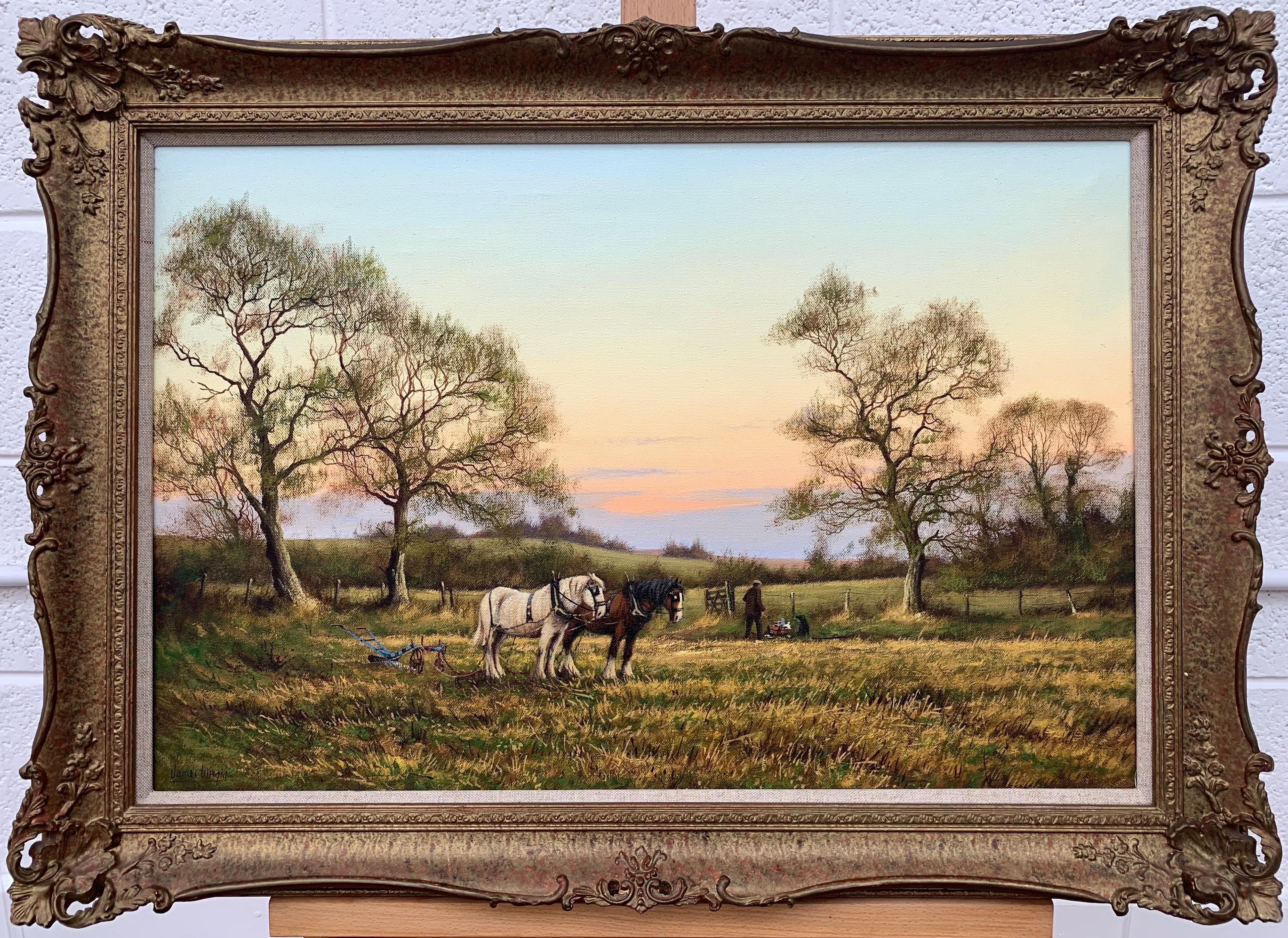 Horse Drawn Plough with Two Horses Ploughman and Dog by British Landscape Artist For Sale 7