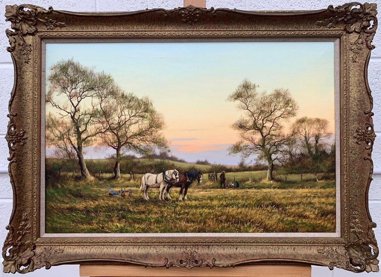 Horse Drawn Plough with Two Horses Ploughman and Dog by British Landscape Artist For Sale 10