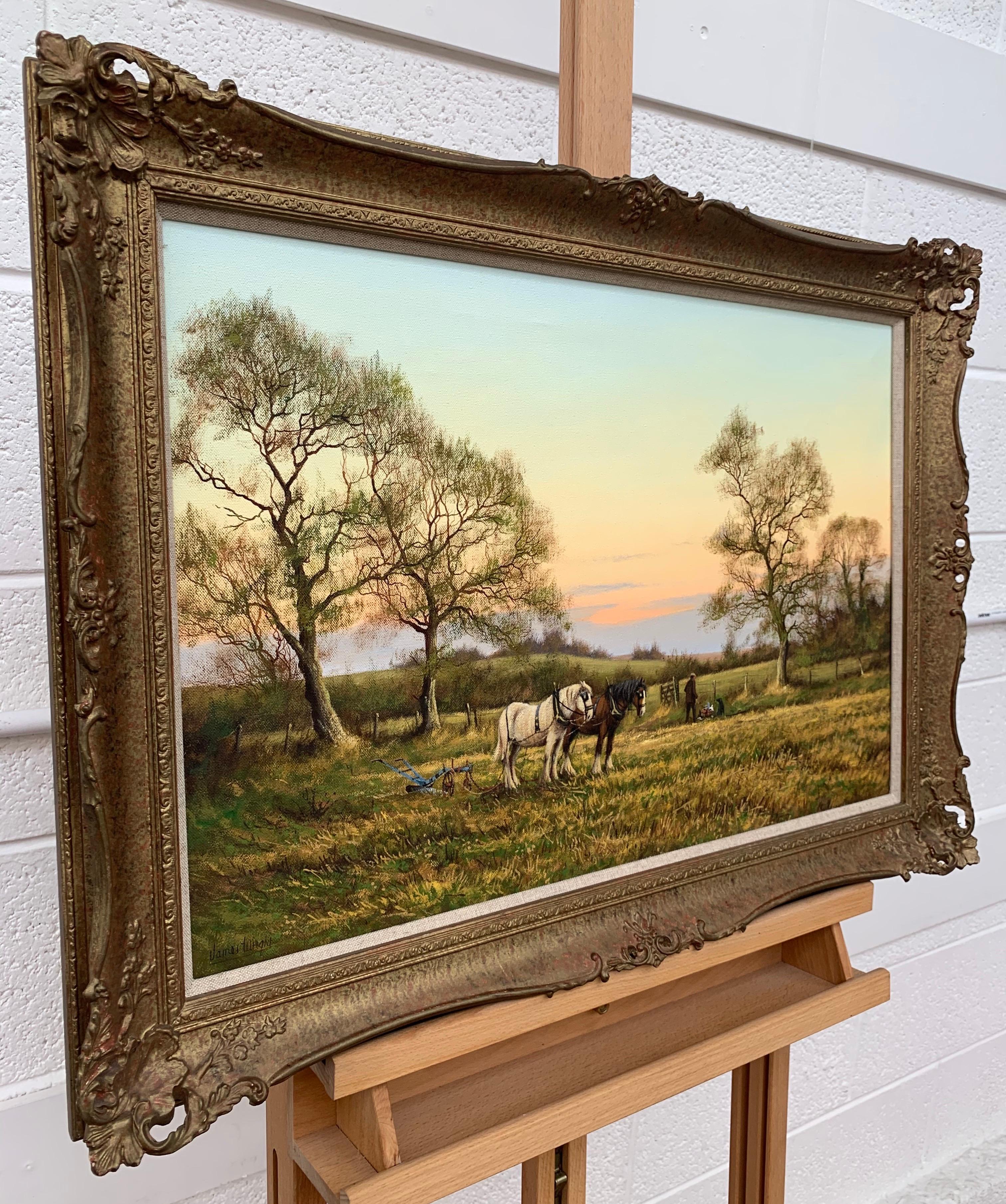 Horse Drawn Plough with Two Horses Ploughman and Dog by British Landscape Artist - Painting by James Wright