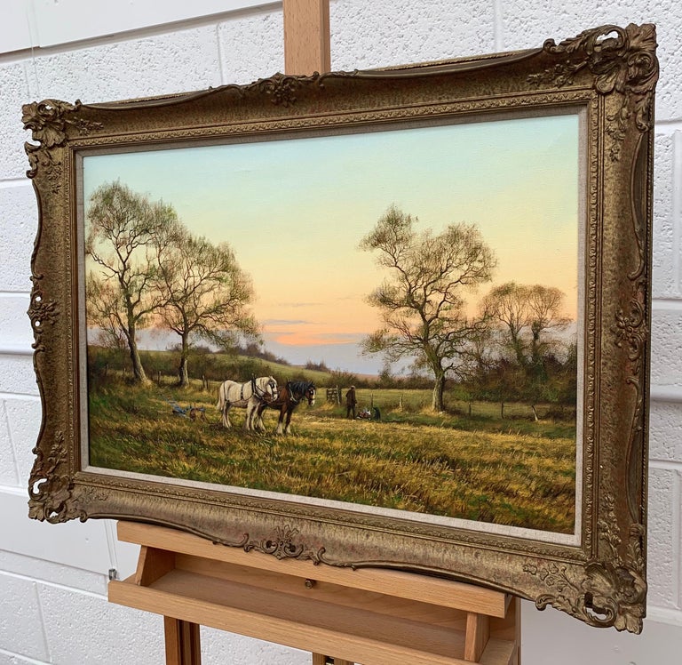 Horse Drawn Plough with Two Horses Ploughman and Dog by British Landscape Artist - Brown Figurative Painting by James Wright
