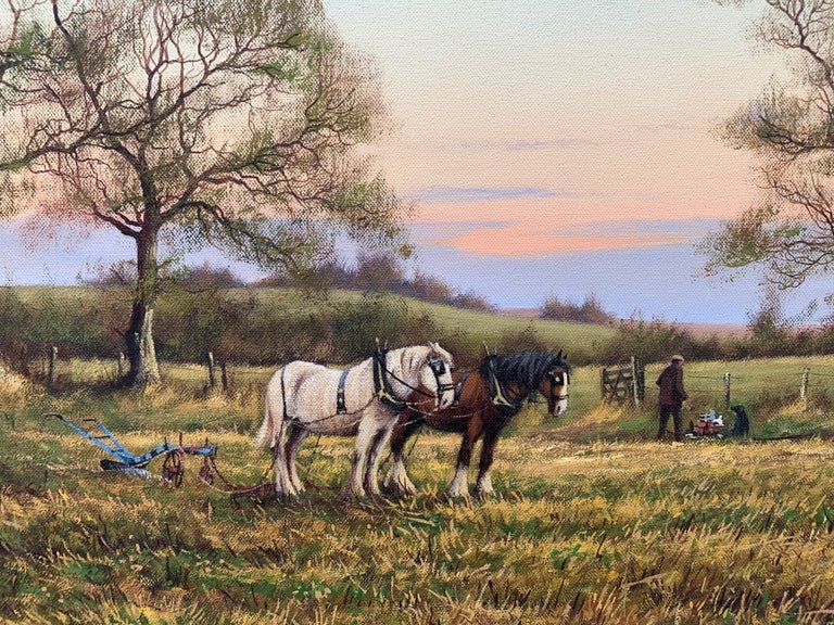 Horse Drawn Plough with Two Horses Ploughman and Dog by British Landscape Artist For Sale 1