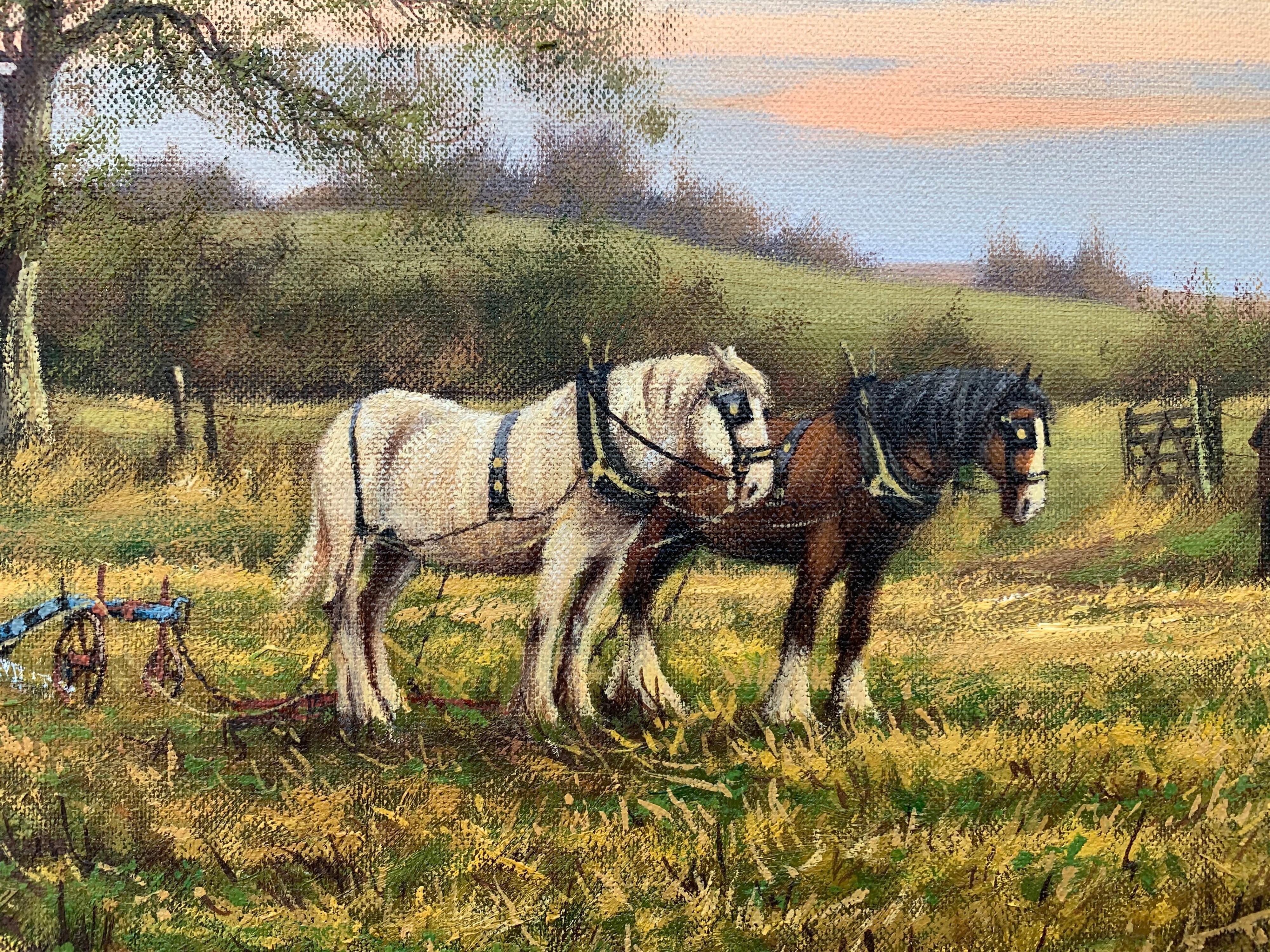 Horse Drawn Plough with Two Horses Ploughman and Dog by British Landscape Artist - Brown Figurative Painting by James Wright