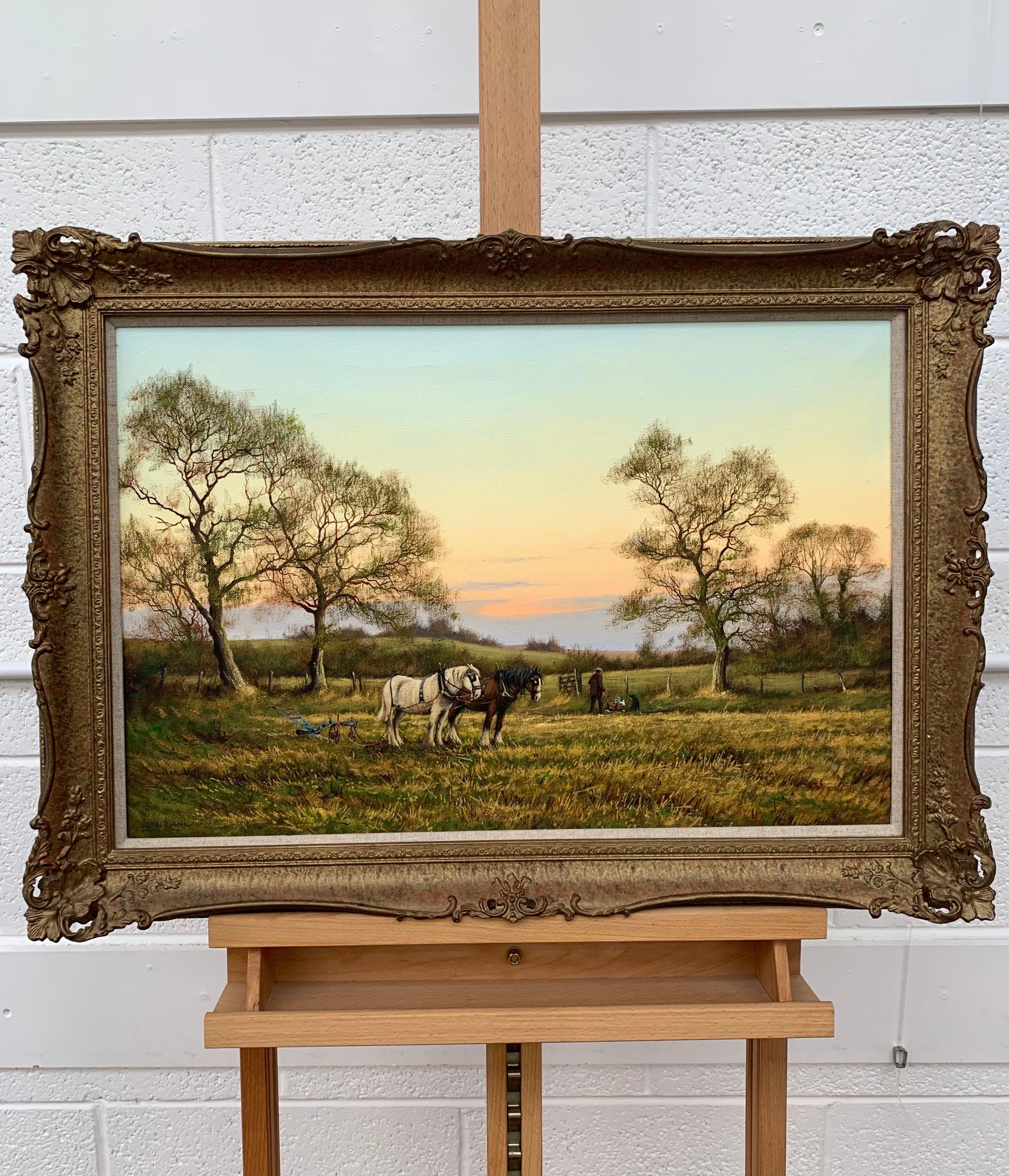 Charrue tirée par un cheval avec deux chevaux, un laboureur et un chien par un artiste paysagiste britannique - Romantique Painting par James Wright