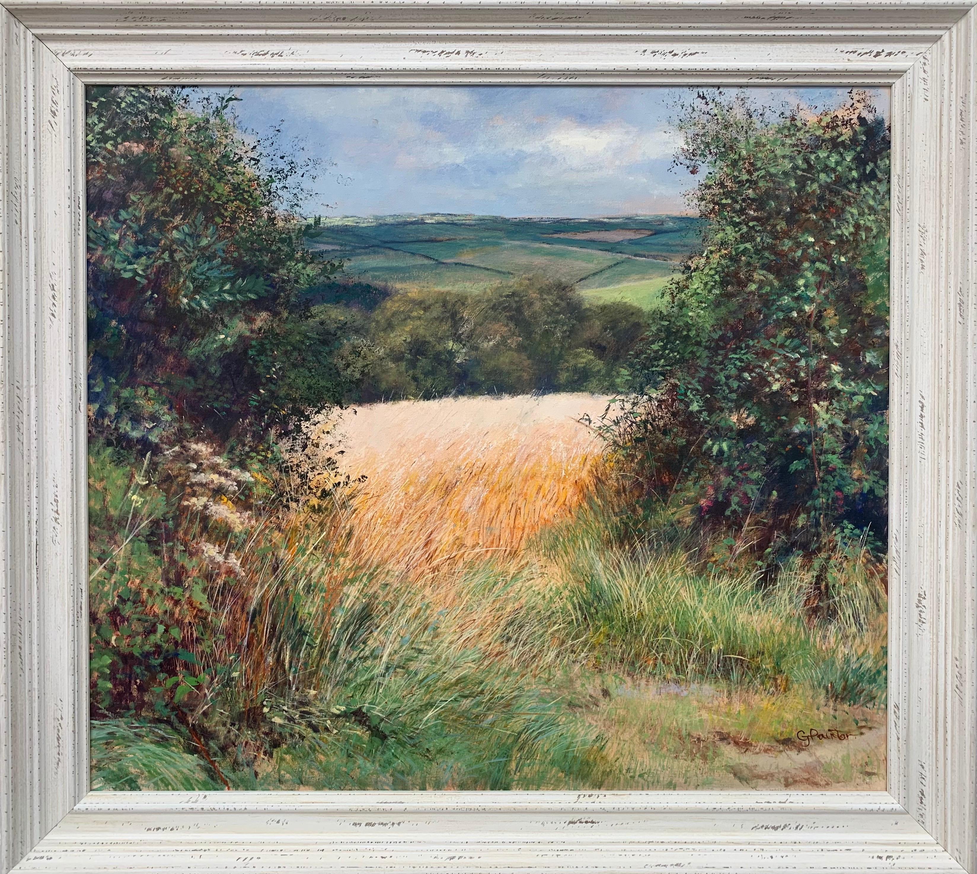 Graham Painter Animal Painting - English Summer Hedgerow & Field Landscape Oil Painting by Modern British Artist