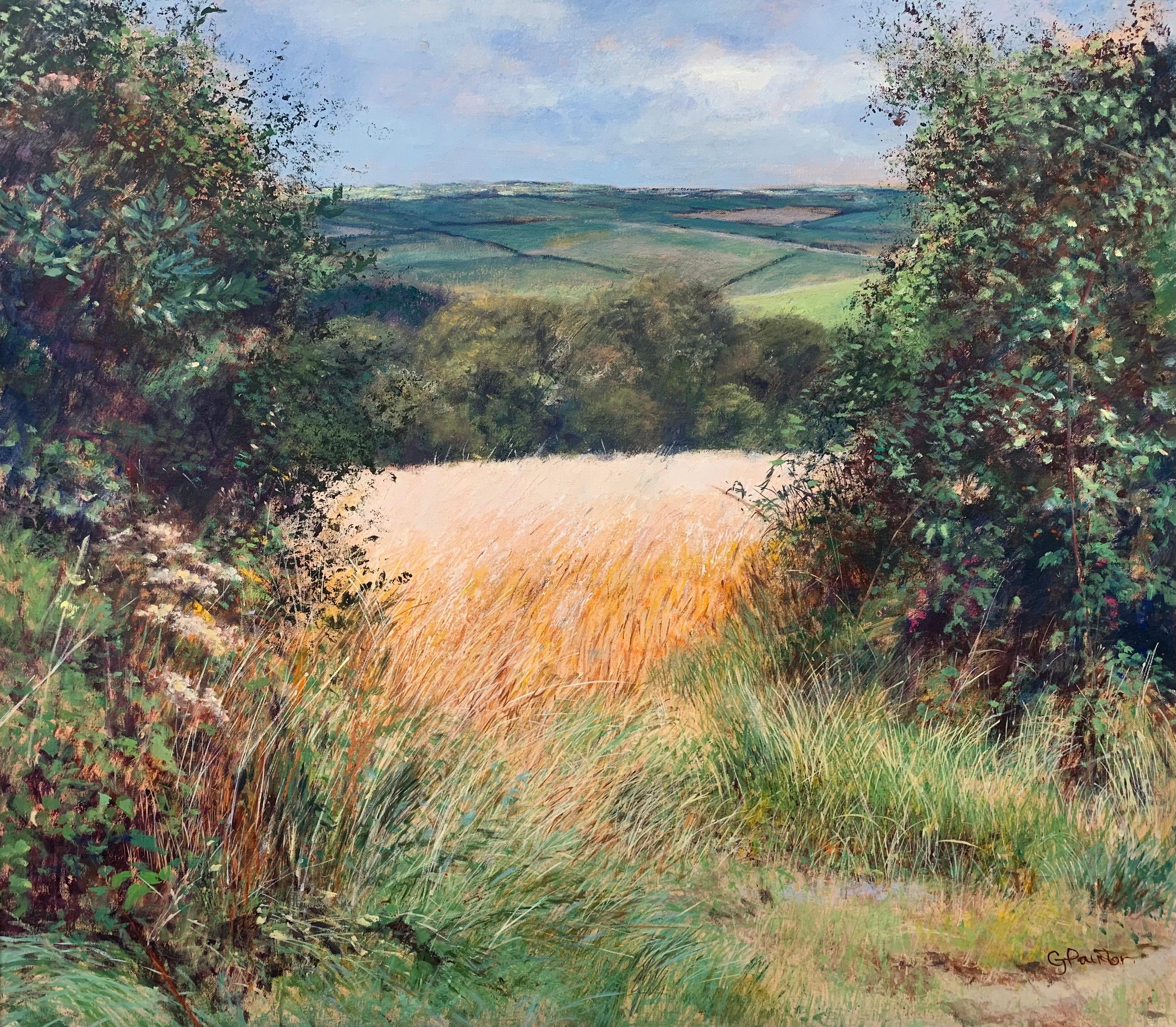 English Summer Hedgerow & Field Landscape Oil Painting by Modern British Artist - Gray Animal Painting by Graham Painter