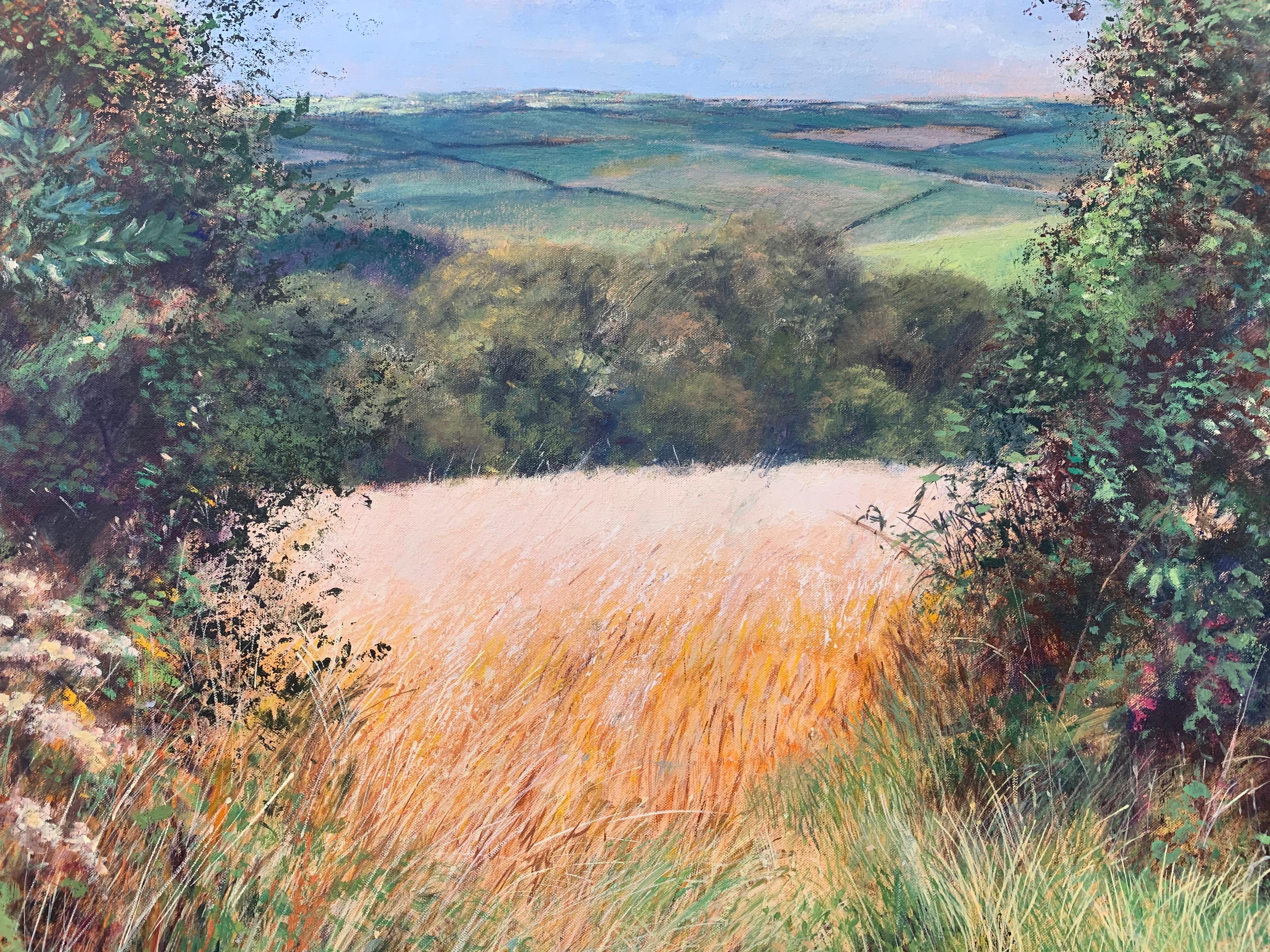 English Summer Hedgerow & Field Landscape Oil Painting by Modern British Artist 7