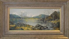 Pittura a olio delle montagne e dei laghi di Snowdon in Wales di un artista Modern British