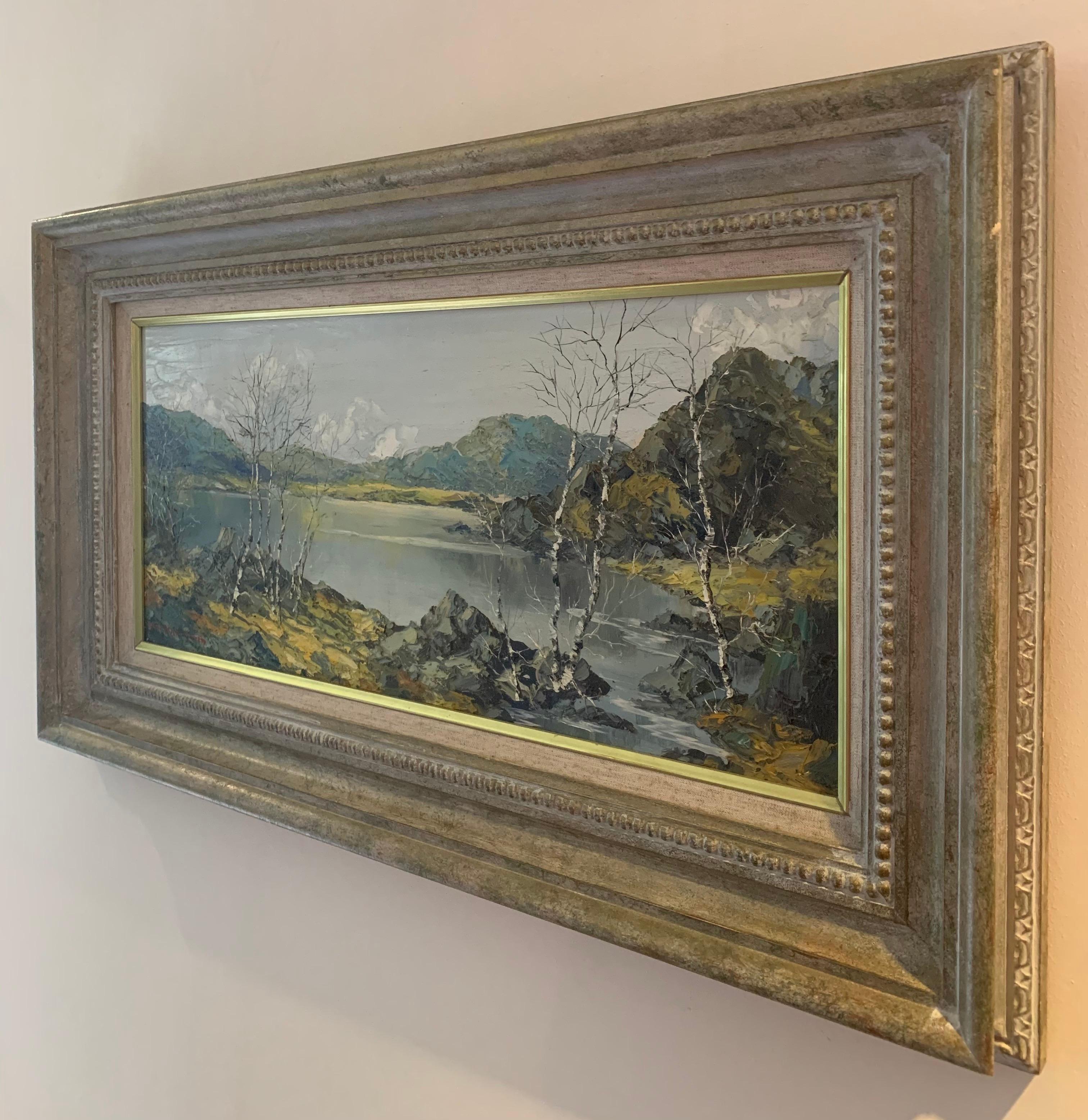 Peinture à l'huile des montagnes et lacs Snowdon au Pays de Galles par un artiste Modern British - Gris Landscape Painting par Charles Wyatt Warren
