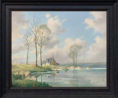 River Landscape Painting of Springtime in Picardy France with Boat and Clouds