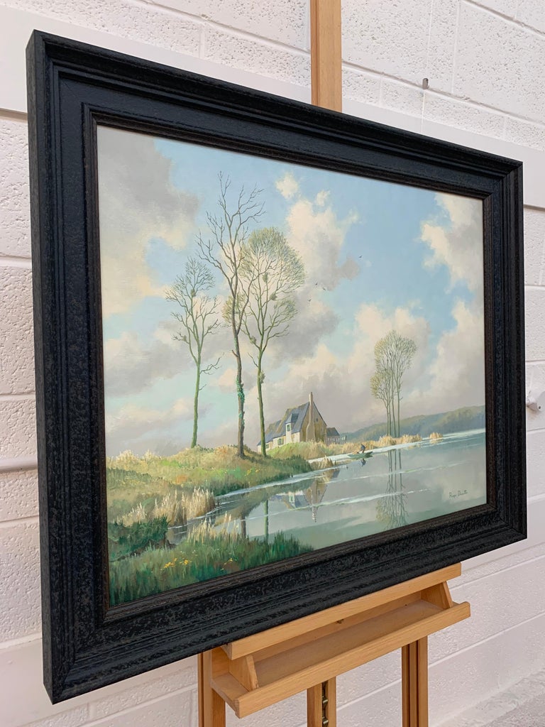 River Landscape Painting of Springtime in Picardy France with Boat and Clouds 1