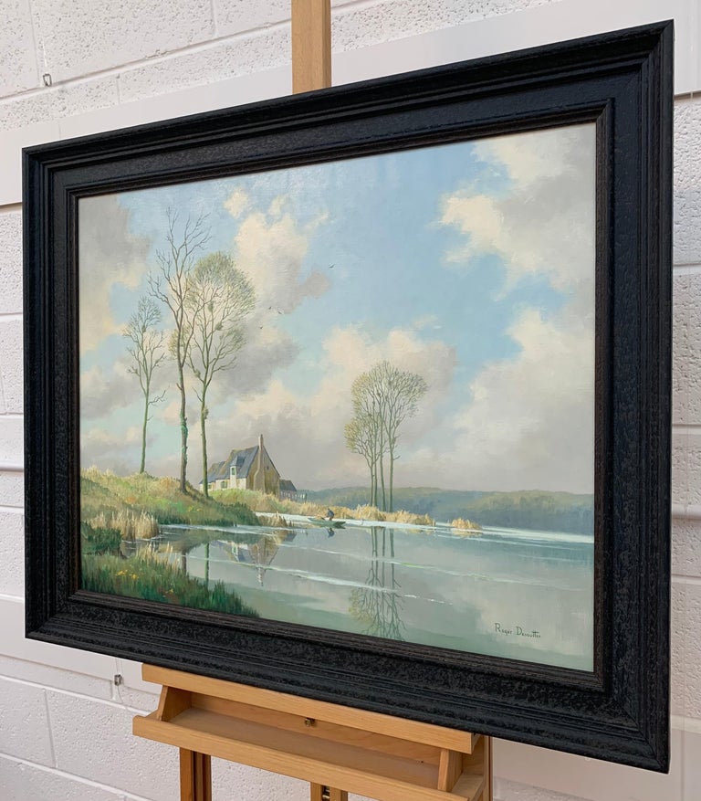 River Landscape Painting of Springtime in Picardy France with Boat and Clouds 3