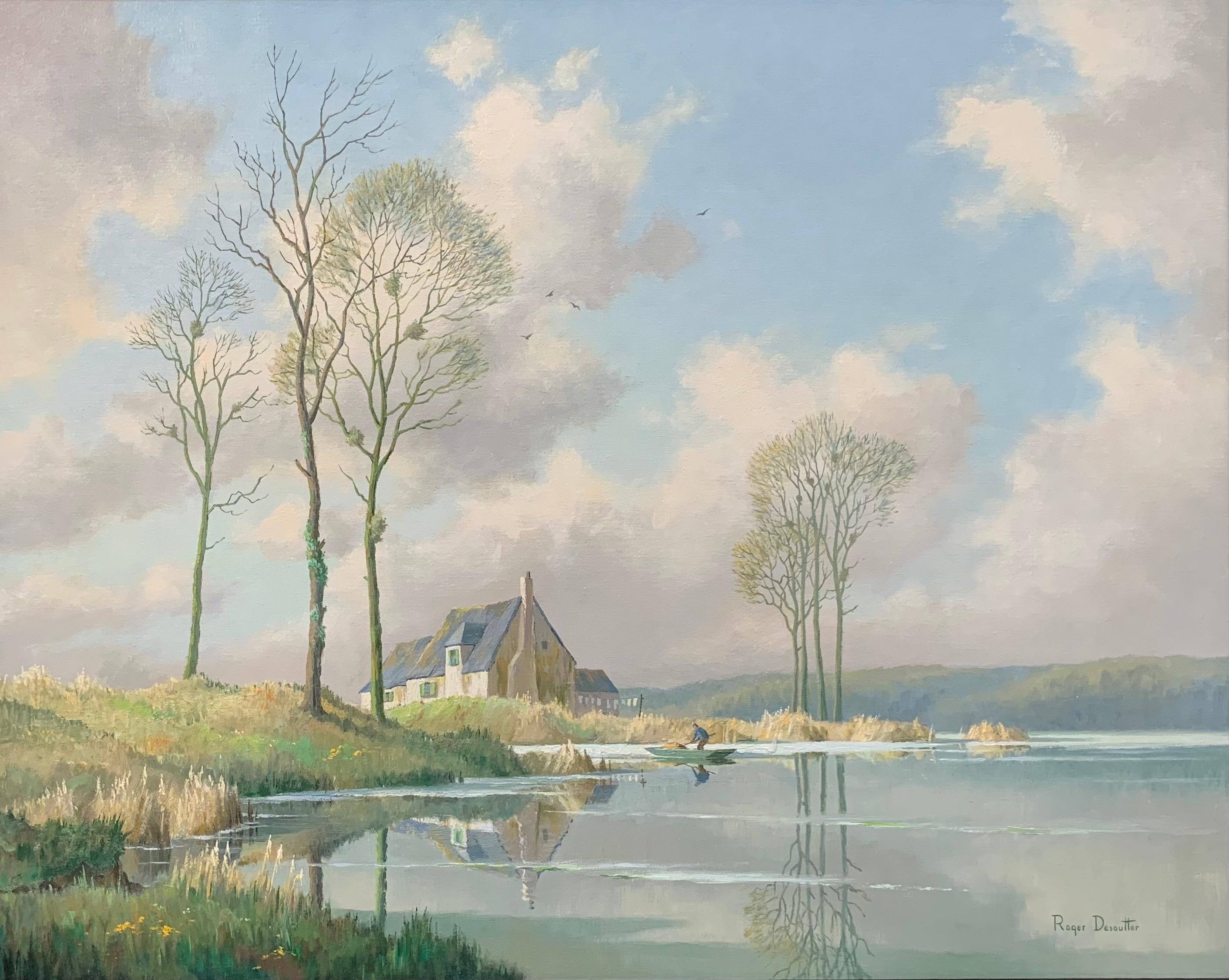River Landscape Painting of Springtime in Picardy France with Boat and Clouds 1