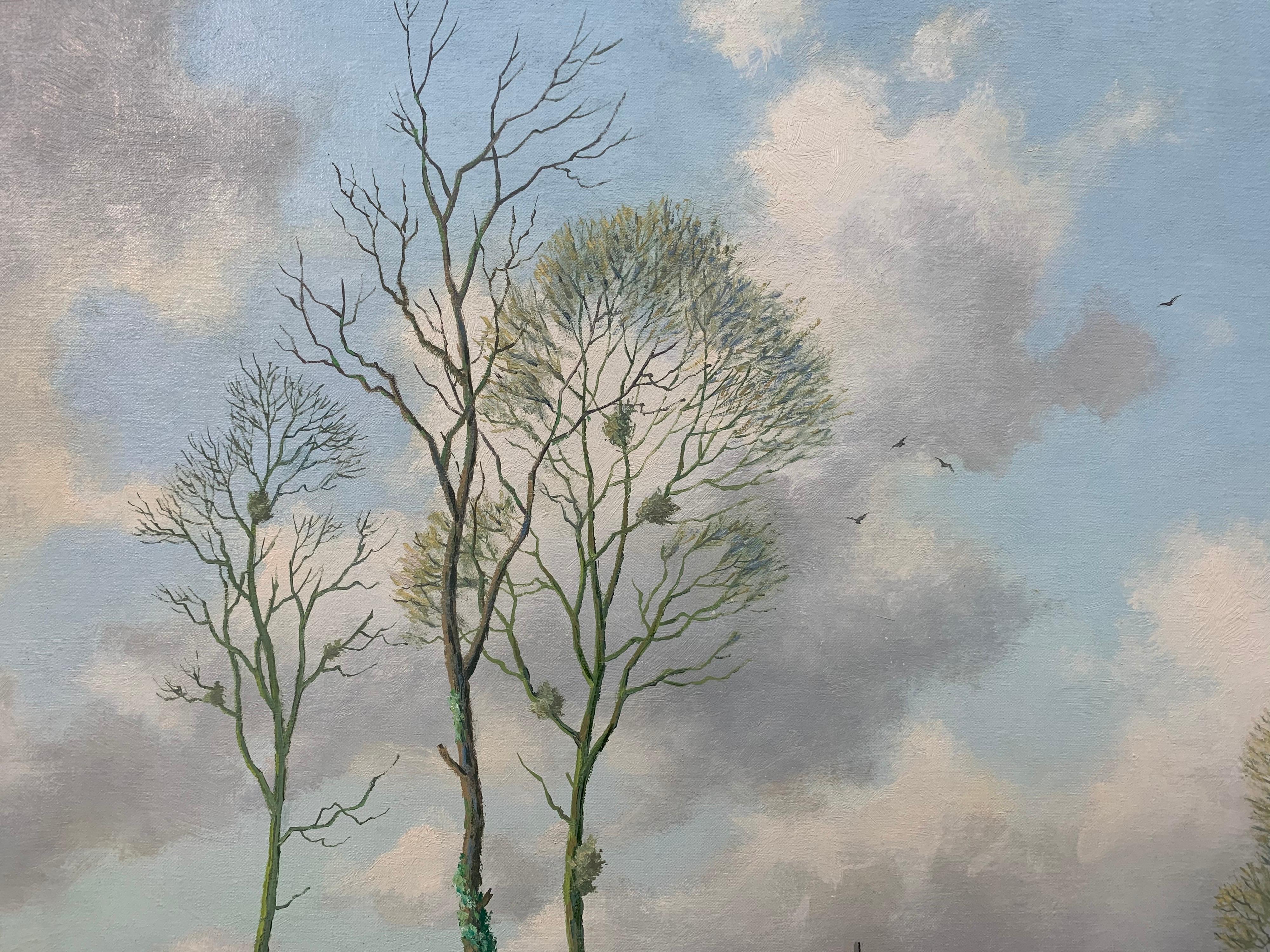 River Landscape Painting of Springtime in Picardy France with Boat and Clouds 4
