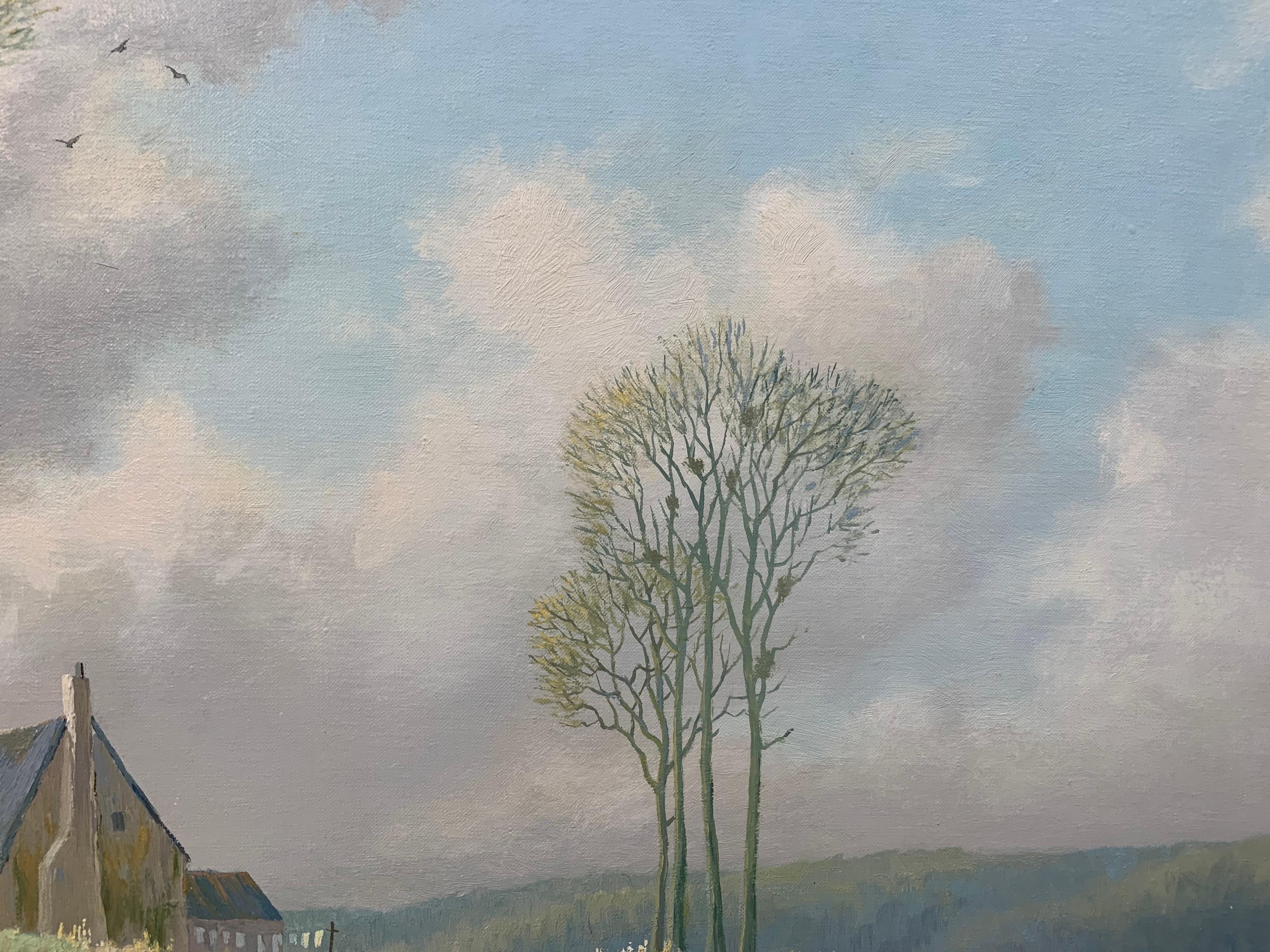 River Landscape Painting of Springtime in Picardy France with Boat and Clouds 5