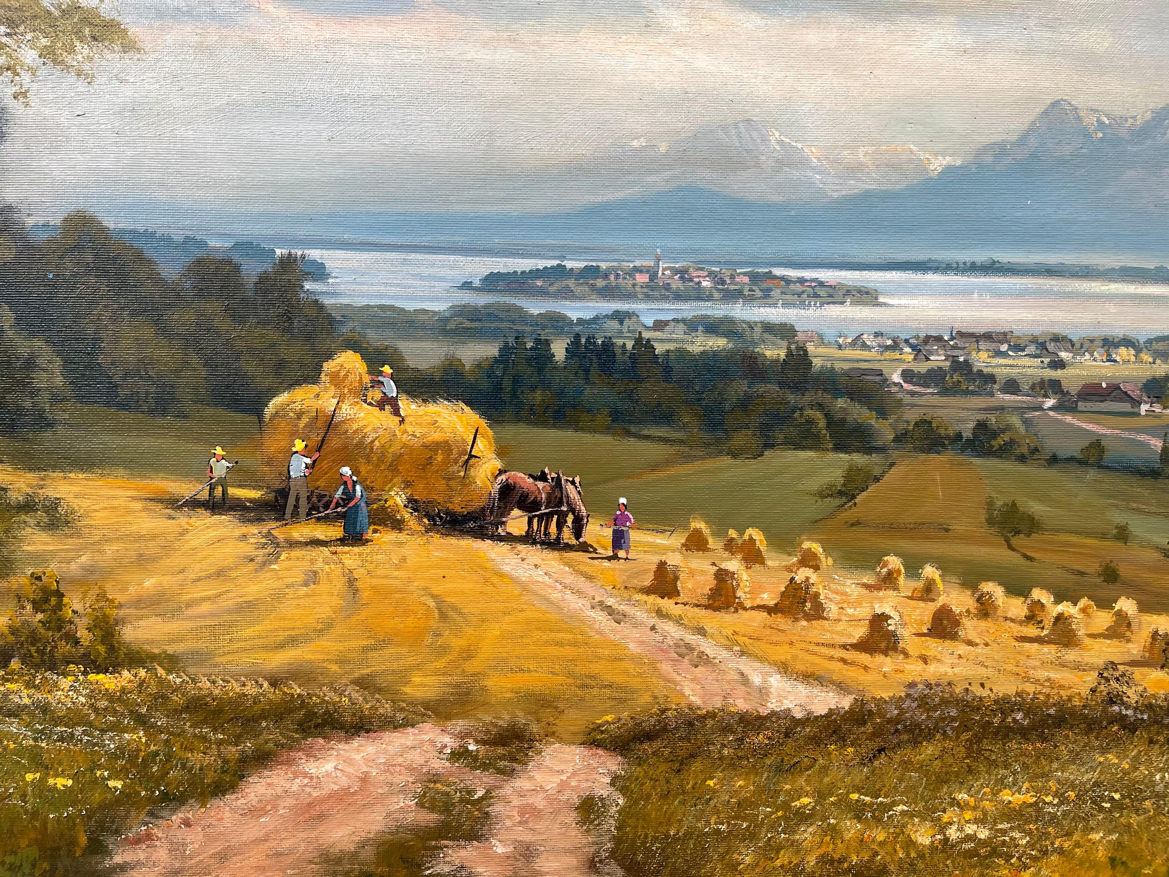 Alpine Haymaking 20th Century Realist Oil Painting by German Landscape Artist  - Brown Figurative Painting by Wolfgang Heinz