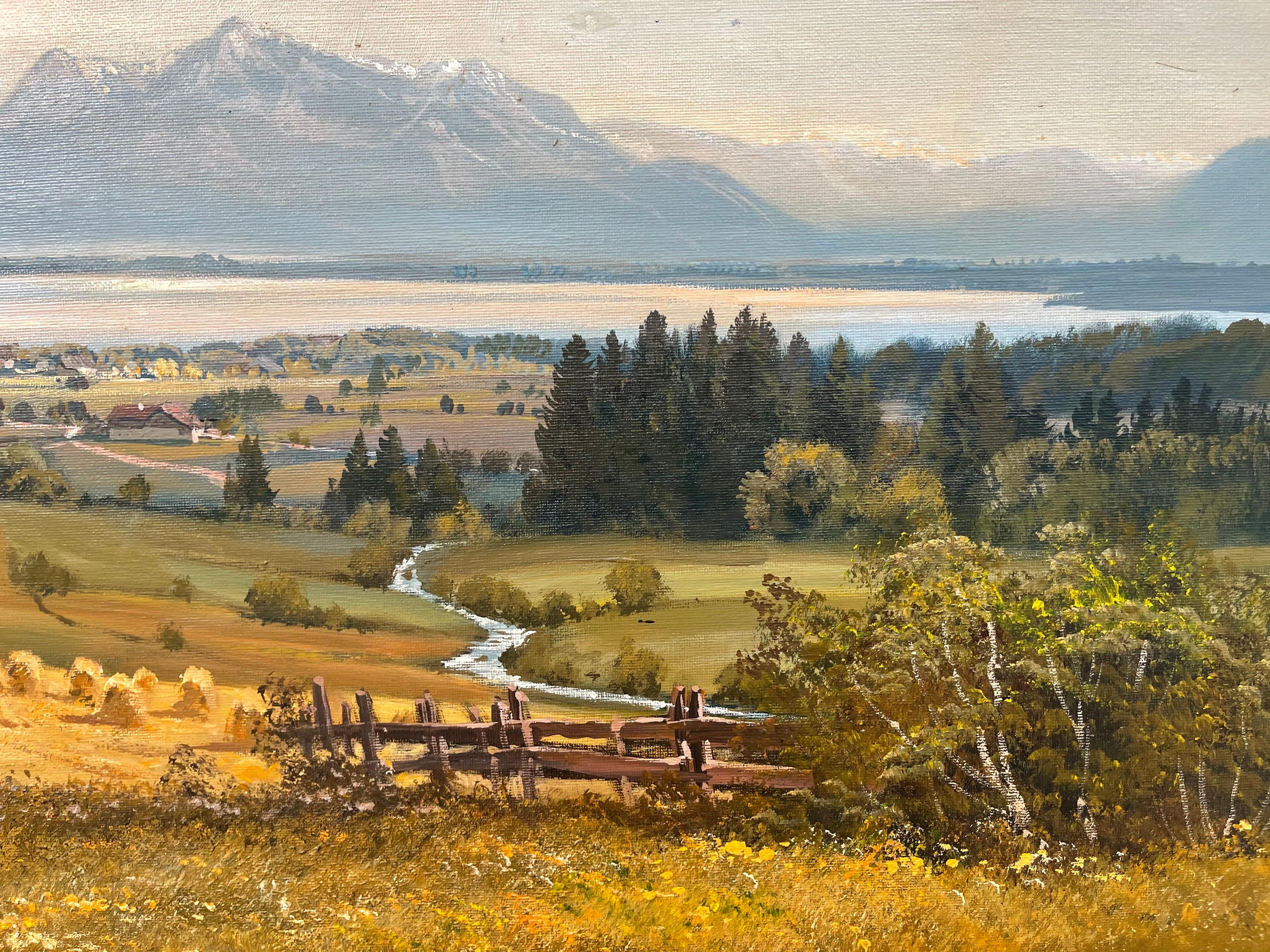 Alpine Haymaking 20th Century Realist Oil Painting by German Landscape Artist  3