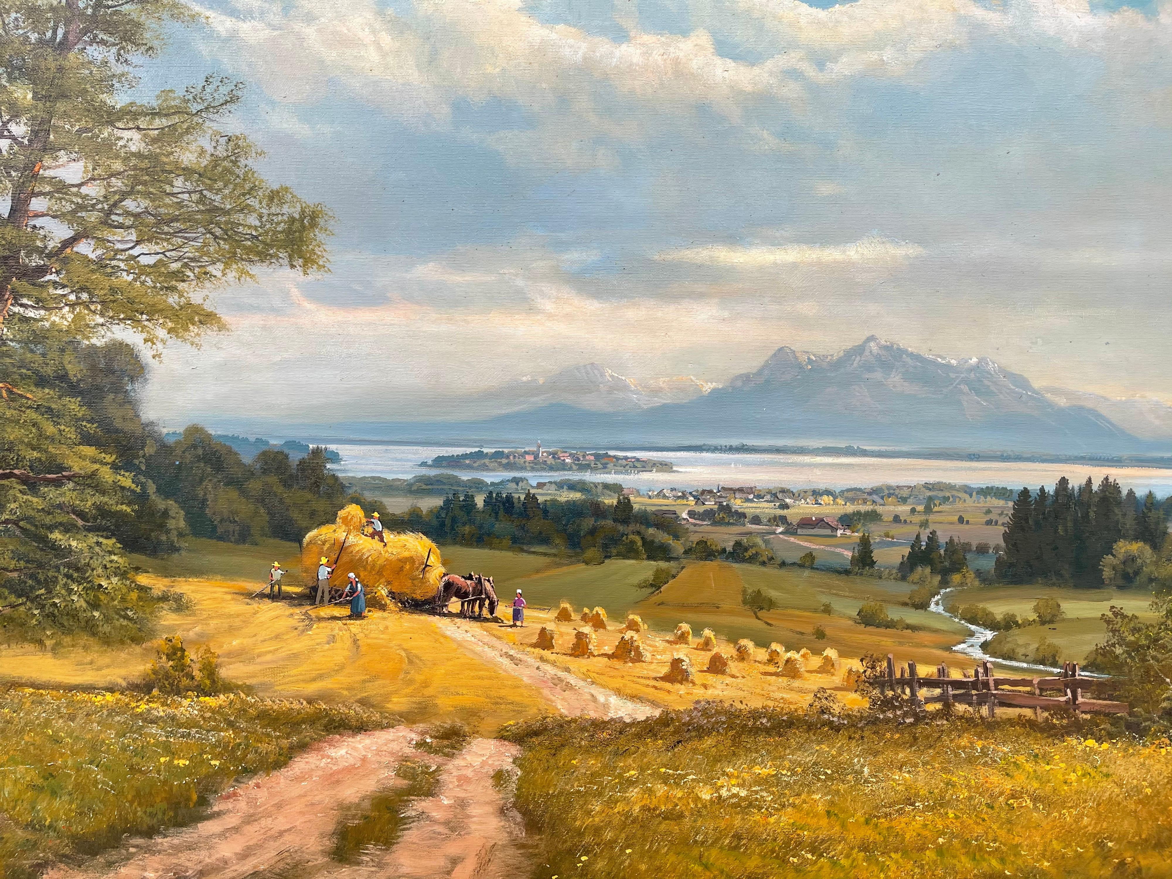 Alpine Haymaking 20th Century Realist Oil Painting by German Landscape Artist  6
