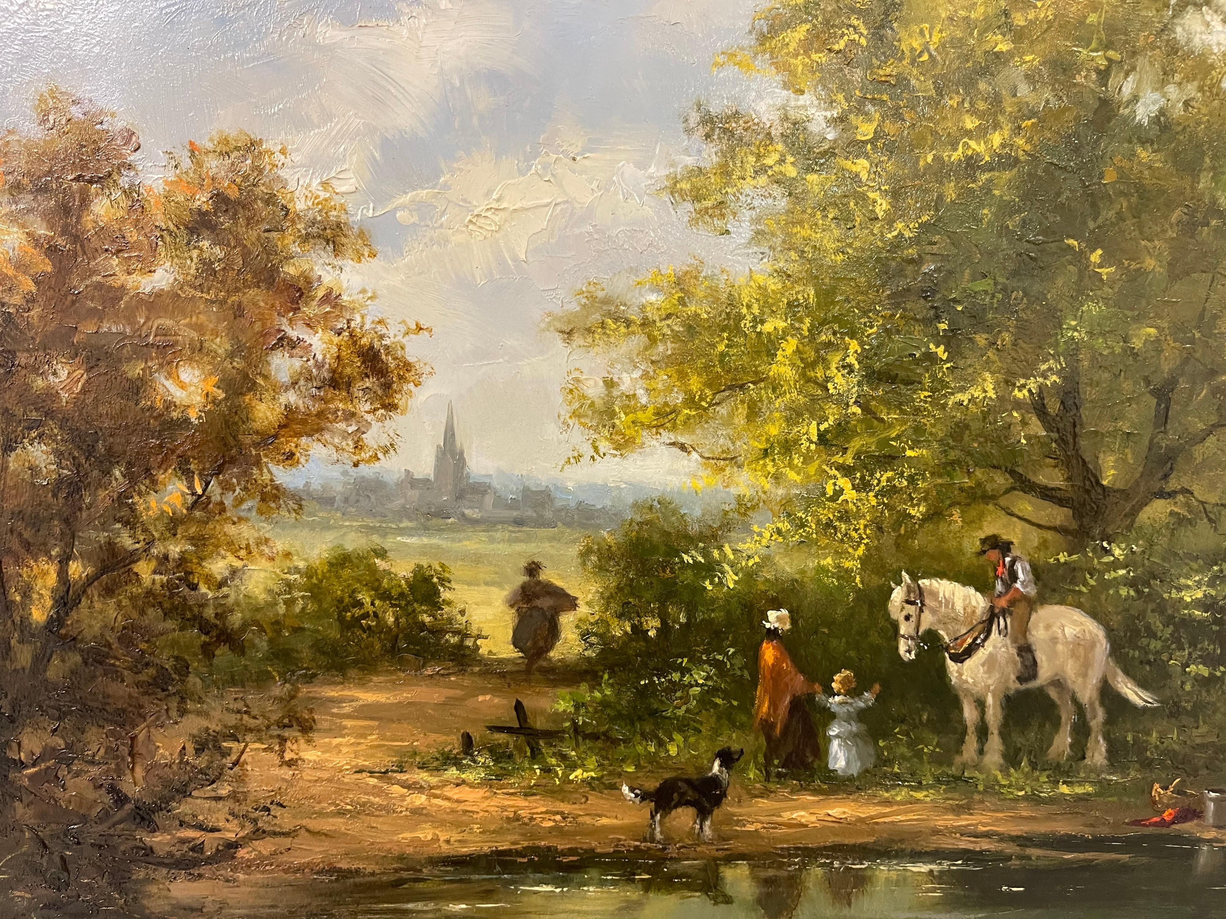 Oil Painting of Family Picnic by the River with Horse & Dog by British Artist - Brown Figurative Painting by Gudrun Sibbons