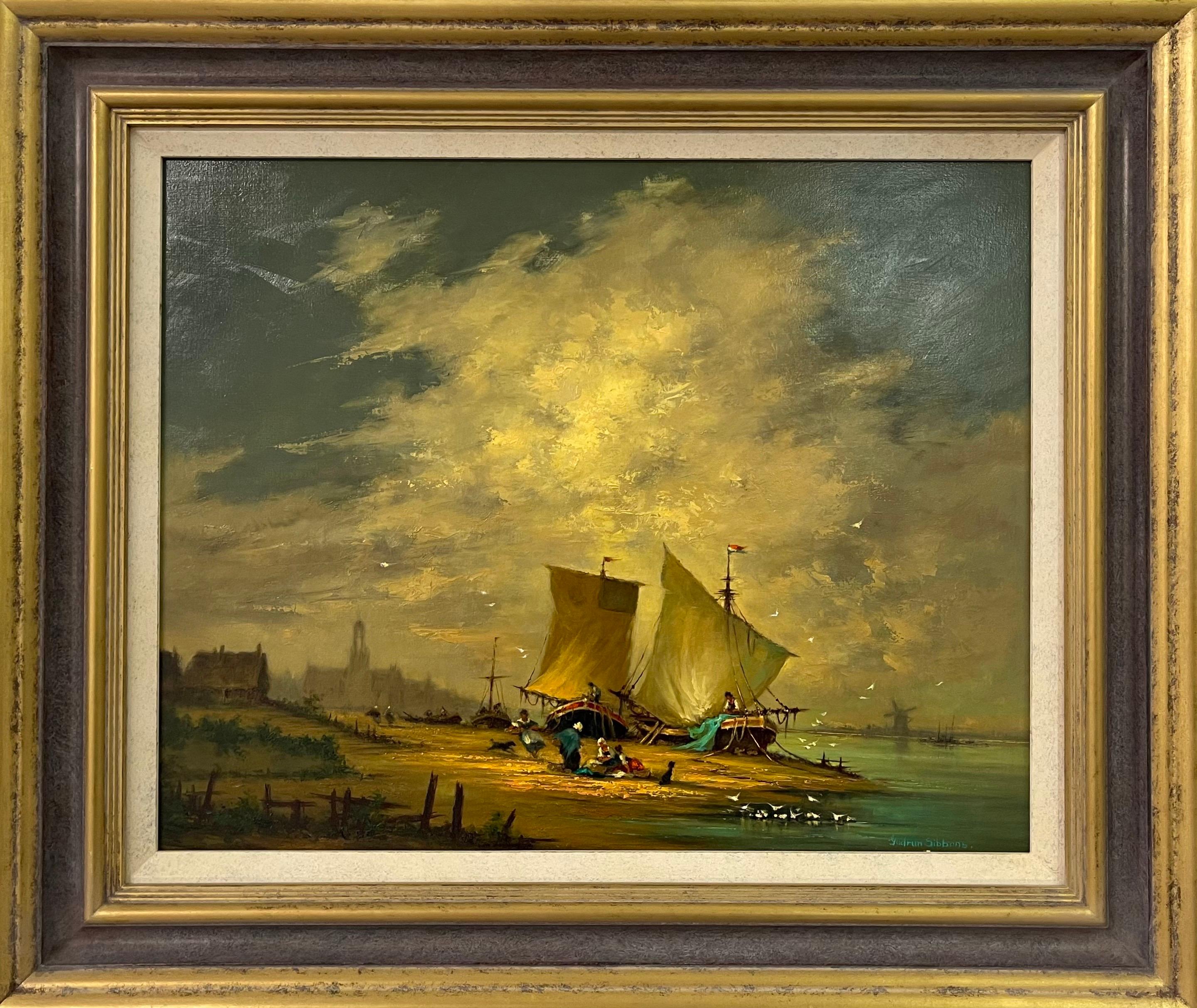 Oil Painting of Dutch River Scene with Fishing Boats & Figures by British Artist