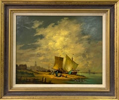 Oil Painting of Dutch River Scene with Fishing Boats & Figures by British Artist