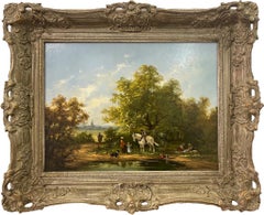 Oil Painting of Family Picnic by the River with Horse & Dog by British Artist