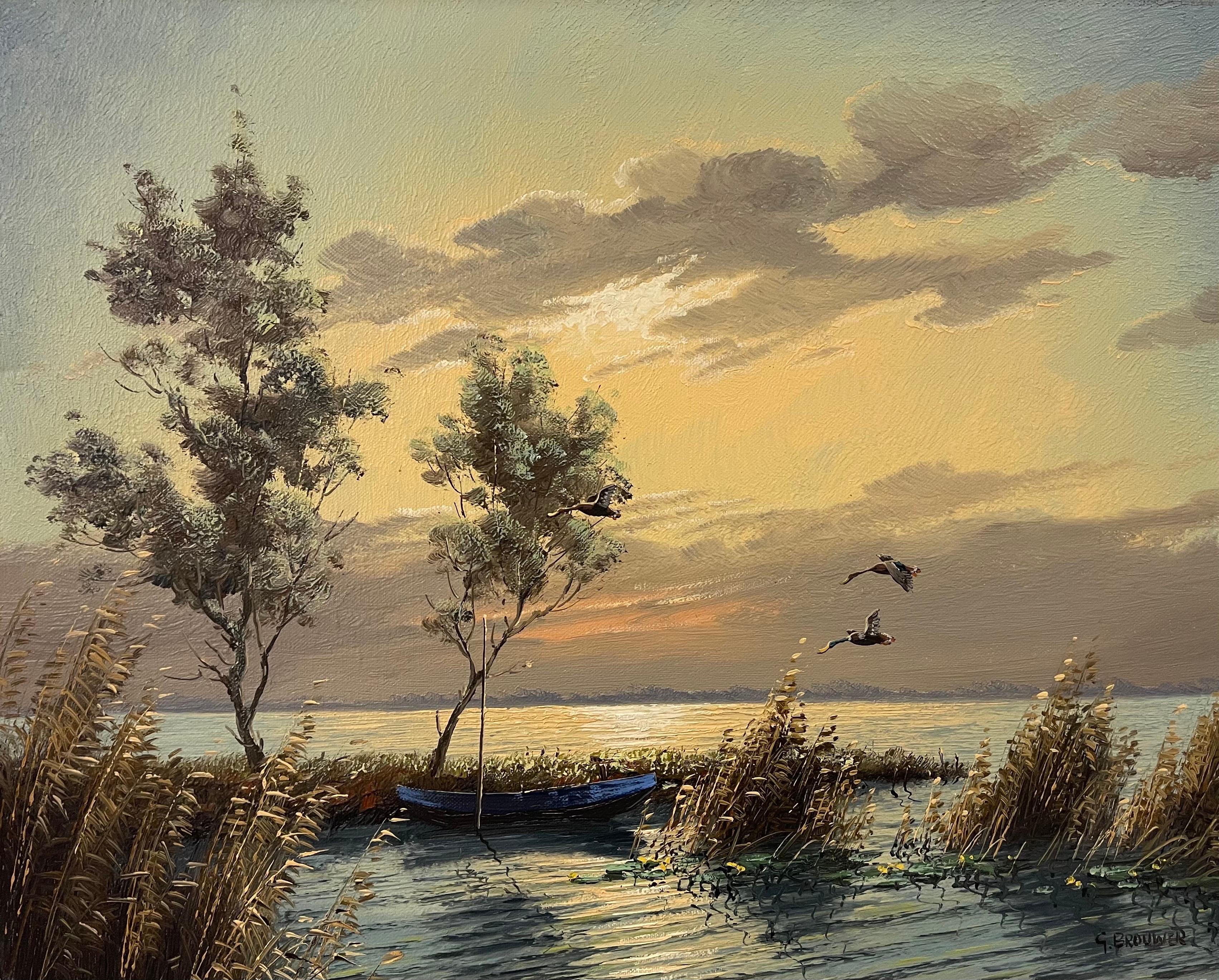 Stockenten im Flug Seelandschaft bei Sonnenuntergang von Gien Brouwer, einem niederländischen Maler des 20. Jahrhunderts. Gien Brouwer wurde am 23. März 1944 in Waddinxveen, Holland, geboren. Er schloss sein Studium an der Kunstakademie in Rotterdam