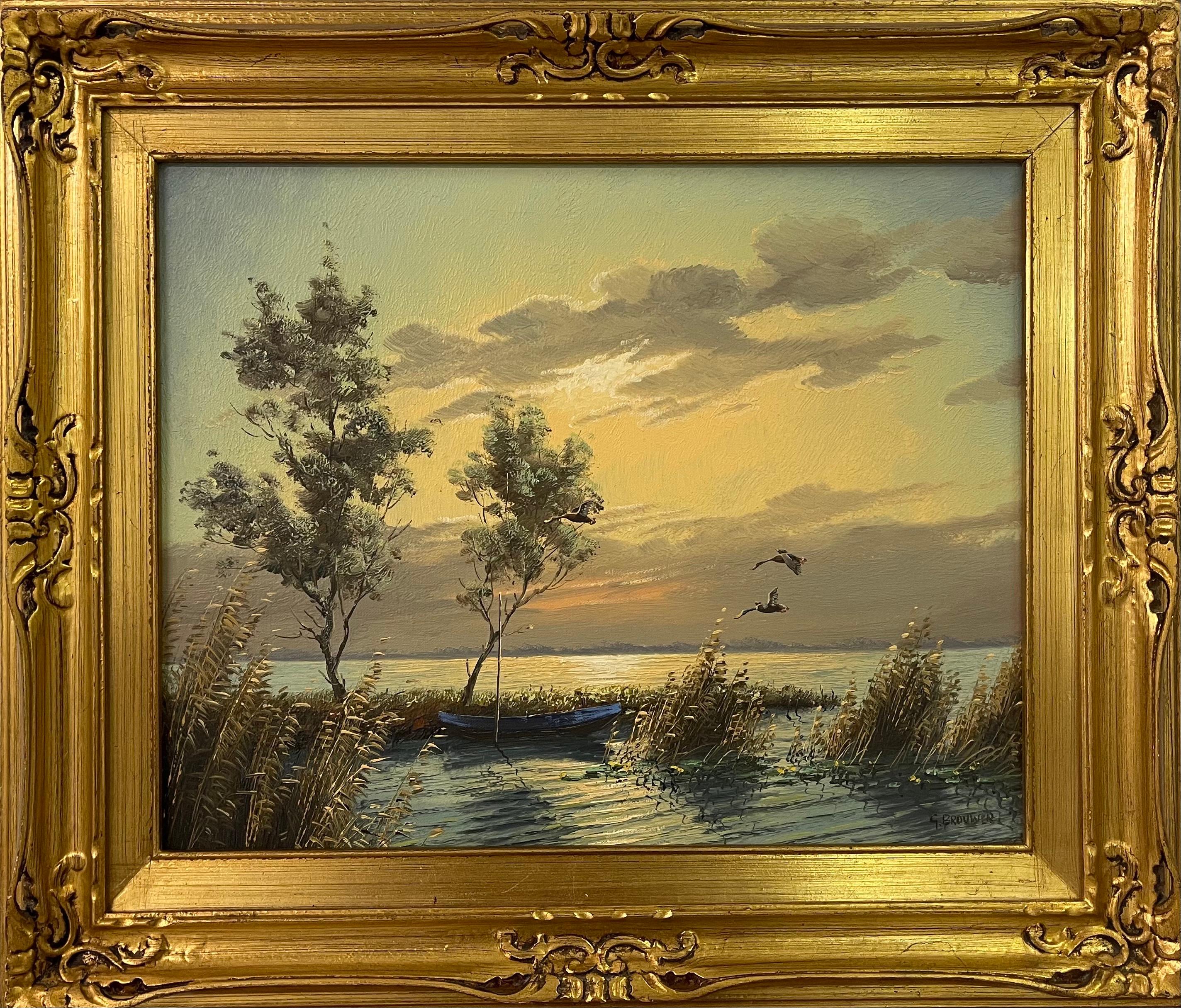 Mallard Ducks in Flight Lake Landscape Sunset by 20th Century Dutch Painter
