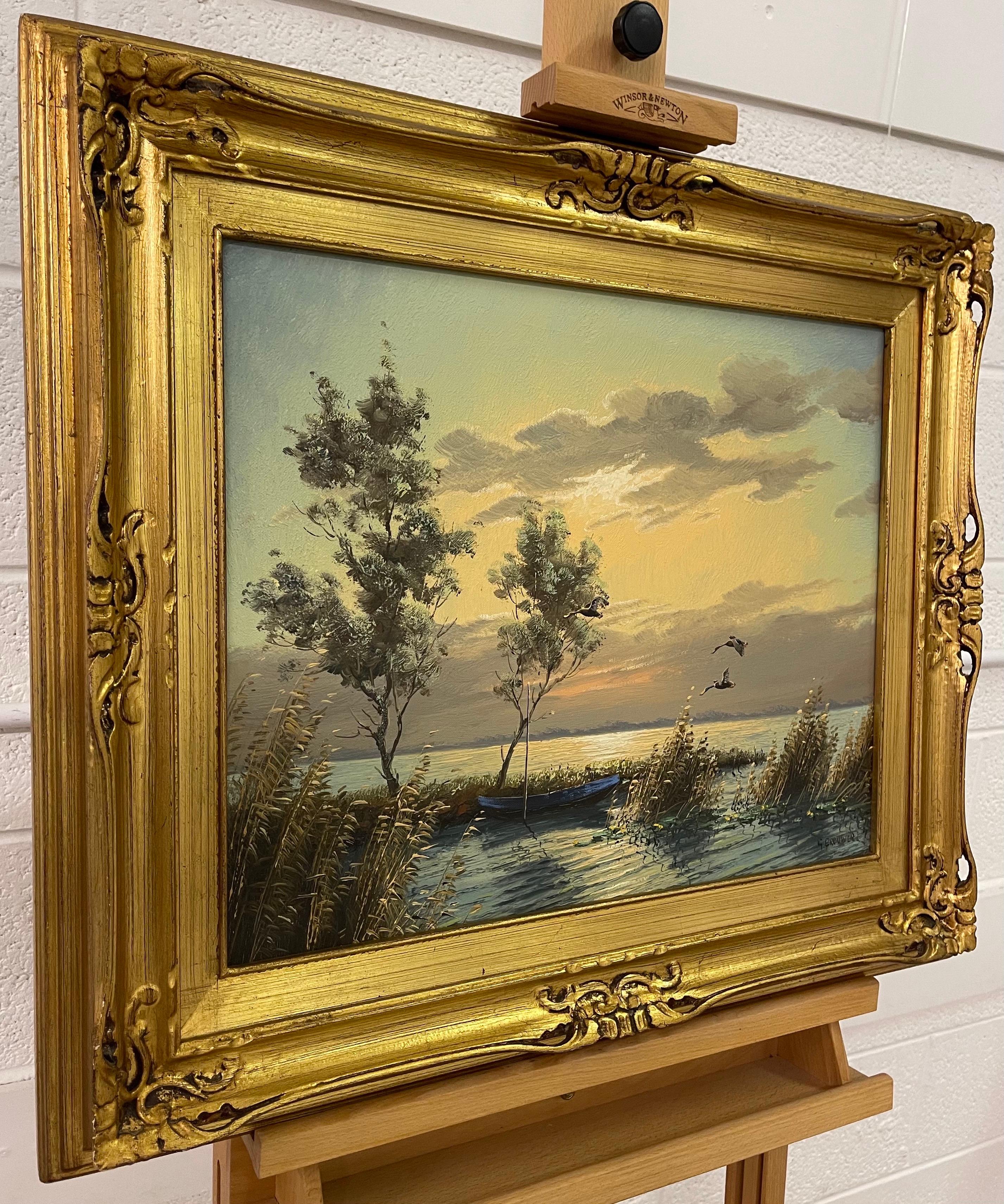 Canards colverts en vol Paysage lacustre Coucher de soleil par un peintre hollandais du 20e siècle - Painting de Gien Brouwer