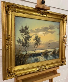 Mallard Ducks in Flight Lake Landscape Sunset by 20th Century Dutch Painter