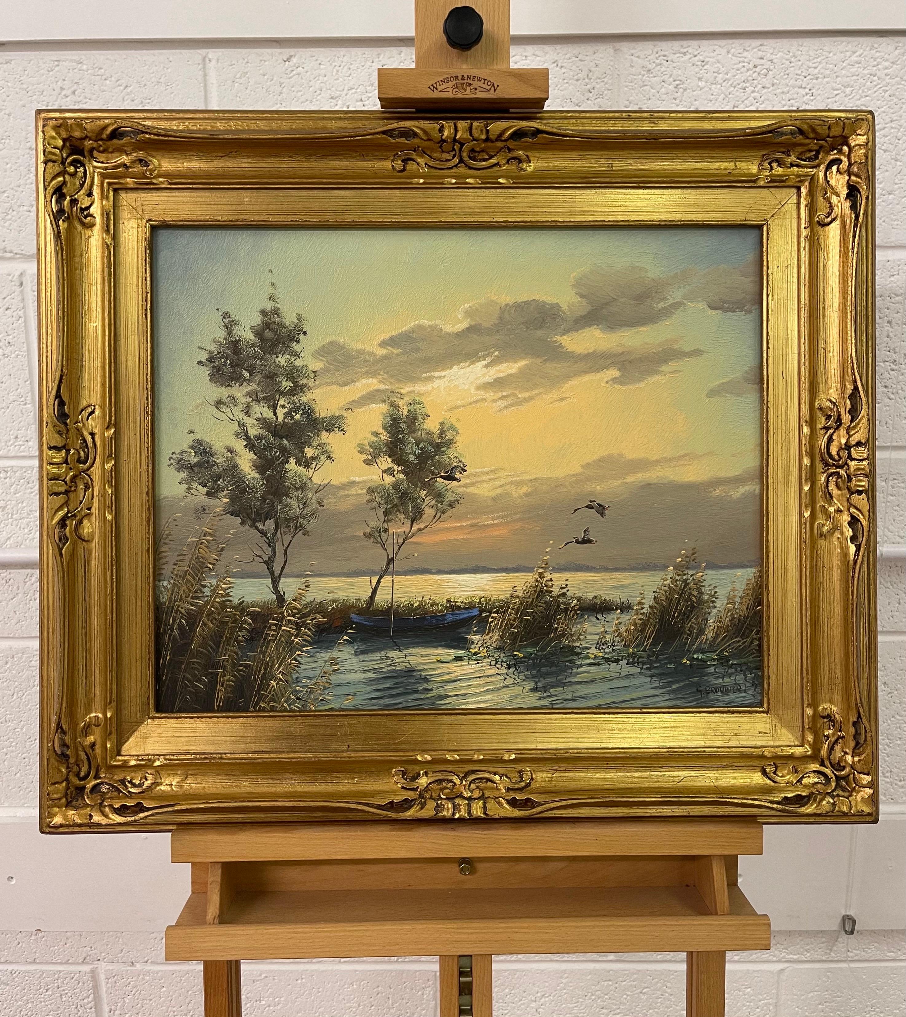 Mallard Ducks in Flight Seelandschaft, Sonnenuntergang des niederländischen Malers aus dem 20. Jahrhundert (Realismus), Painting, von Gien Brouwer