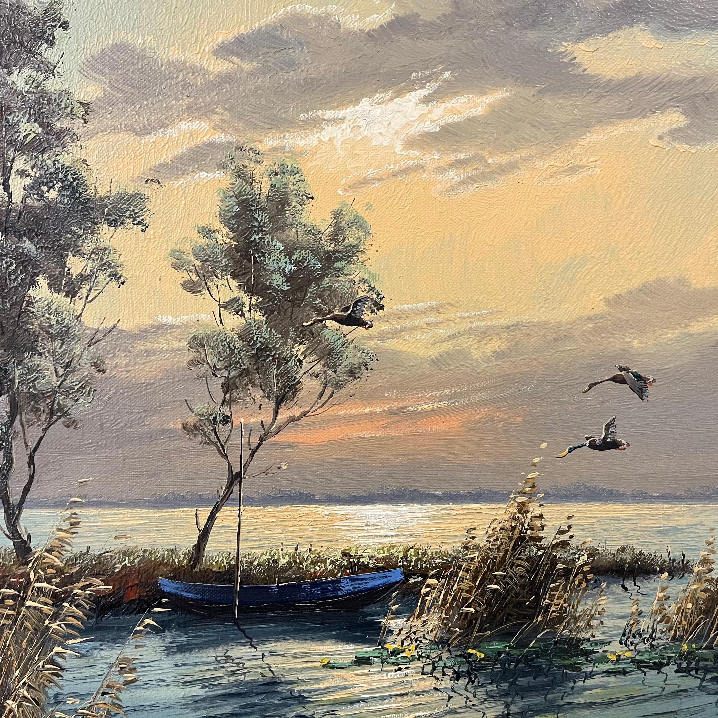 Mallard Ducks in Flight Seelandschaft, Sonnenuntergang des niederländischen Malers aus dem 20. Jahrhundert im Angebot 3