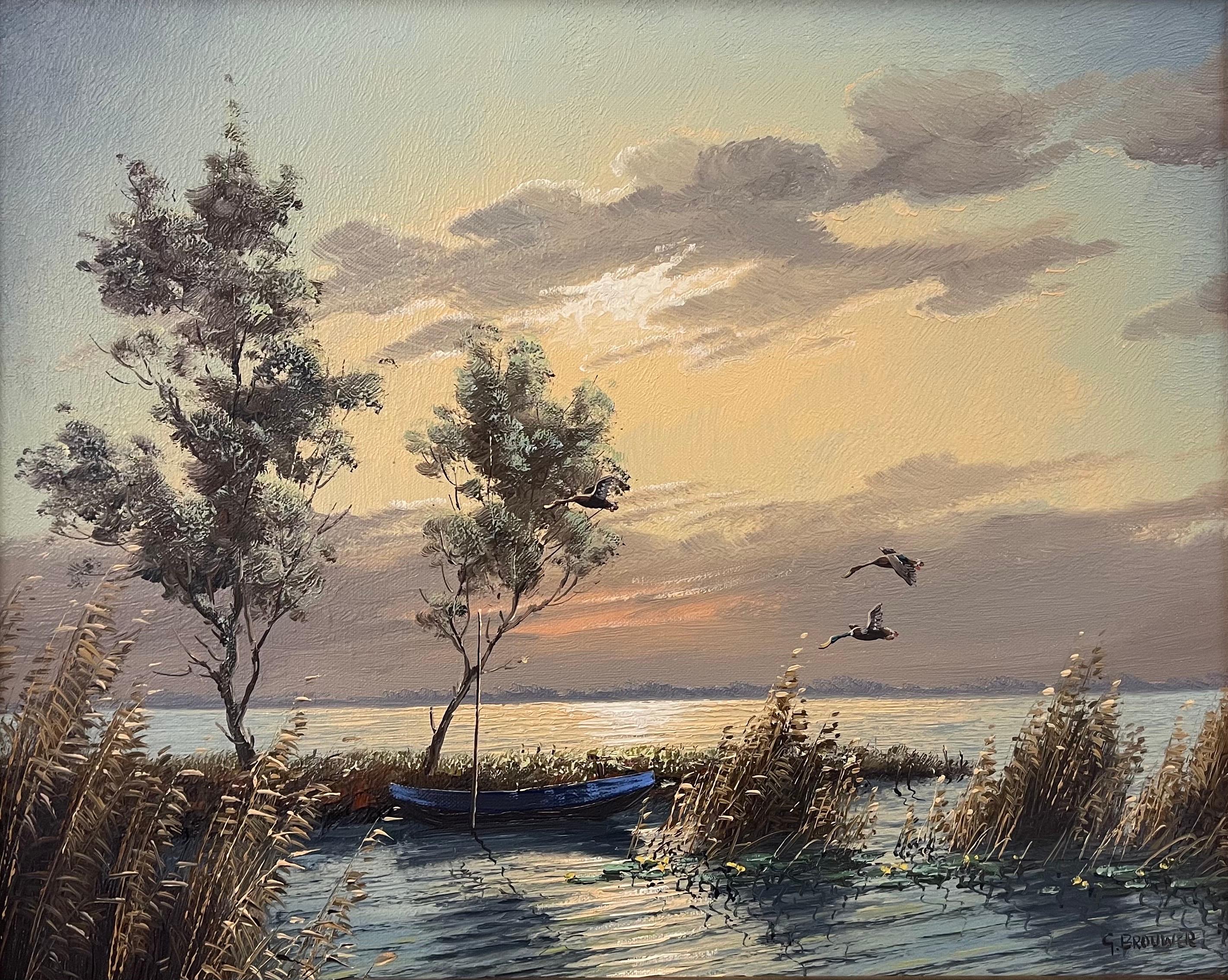 Canards colverts en vol Paysage lacustre Coucher de soleil par un peintre hollandais du 20e siècle en vente 5