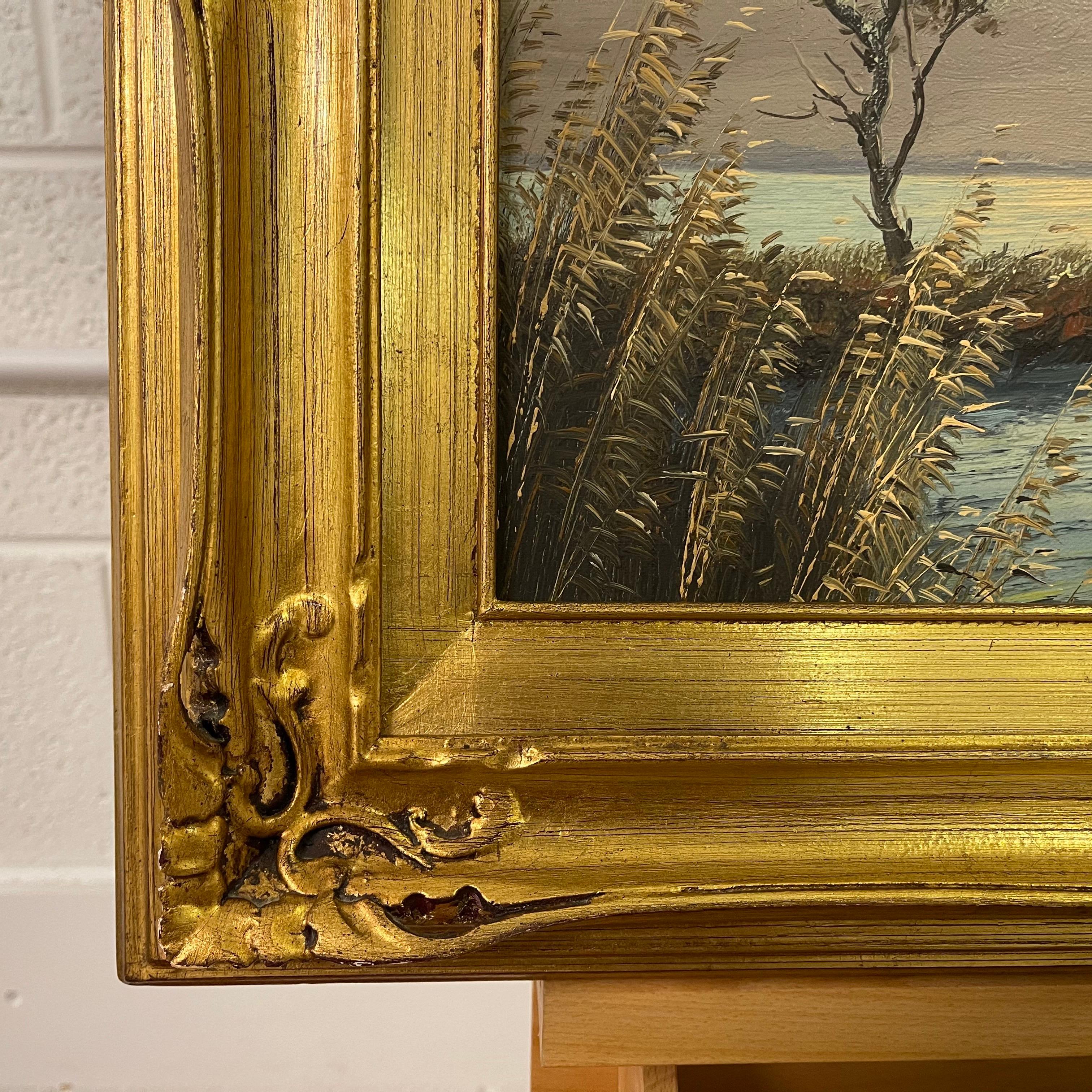 Canards colverts en vol Paysage lacustre Coucher de soleil par un peintre hollandais du 20e siècle en vente 1