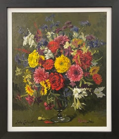 Natura morta dipinta a olio con fiori in un vaso di vetro da un artista britannico del XX secolo