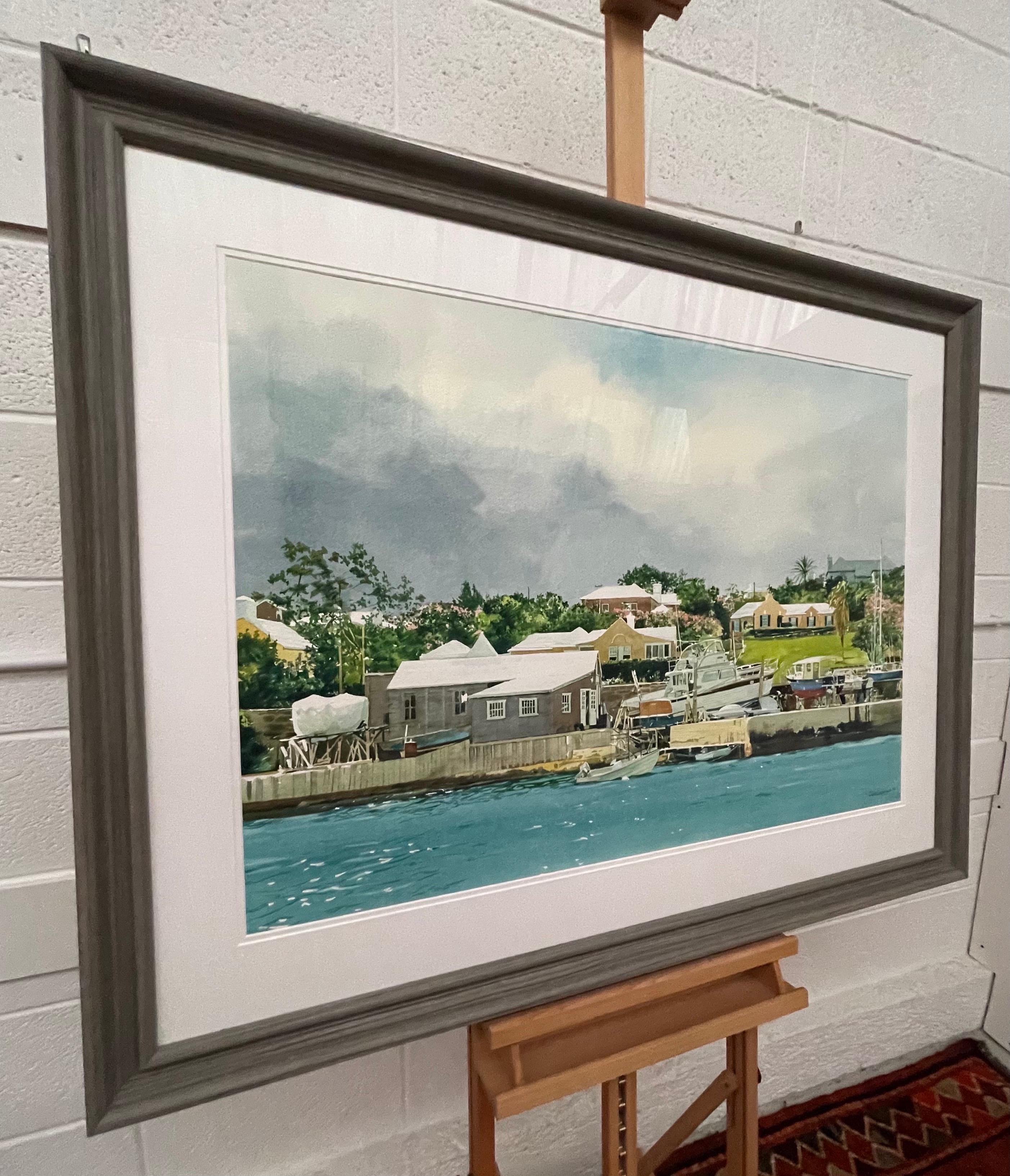 Grande aquarelle de bateaux de satisfaction Moored on the River en Floride par un artiste américain - Art de David Coolidge